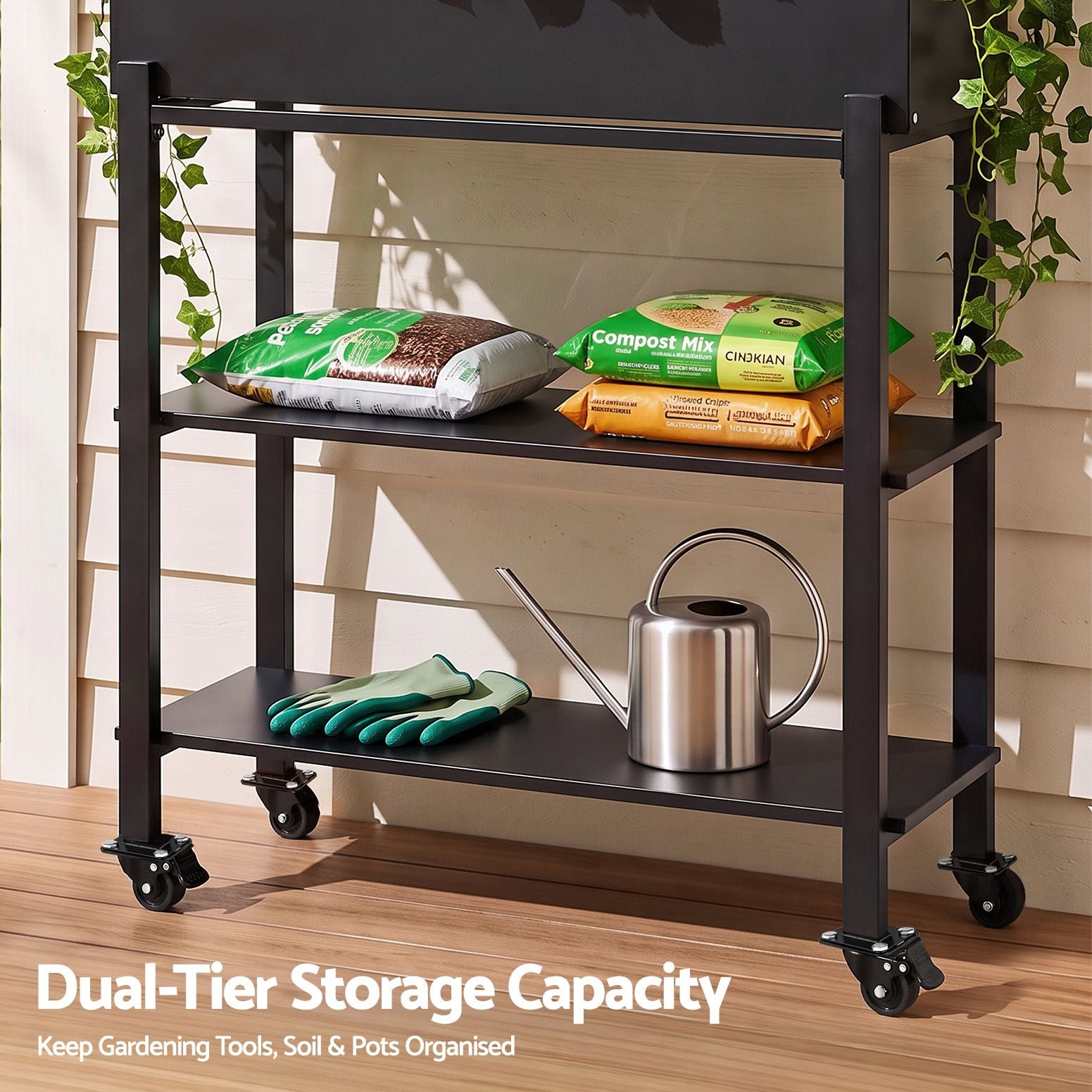 Green Fingers Mobile Raised Garden Bed with Trellis & Shelves Dark Grey Bedworld