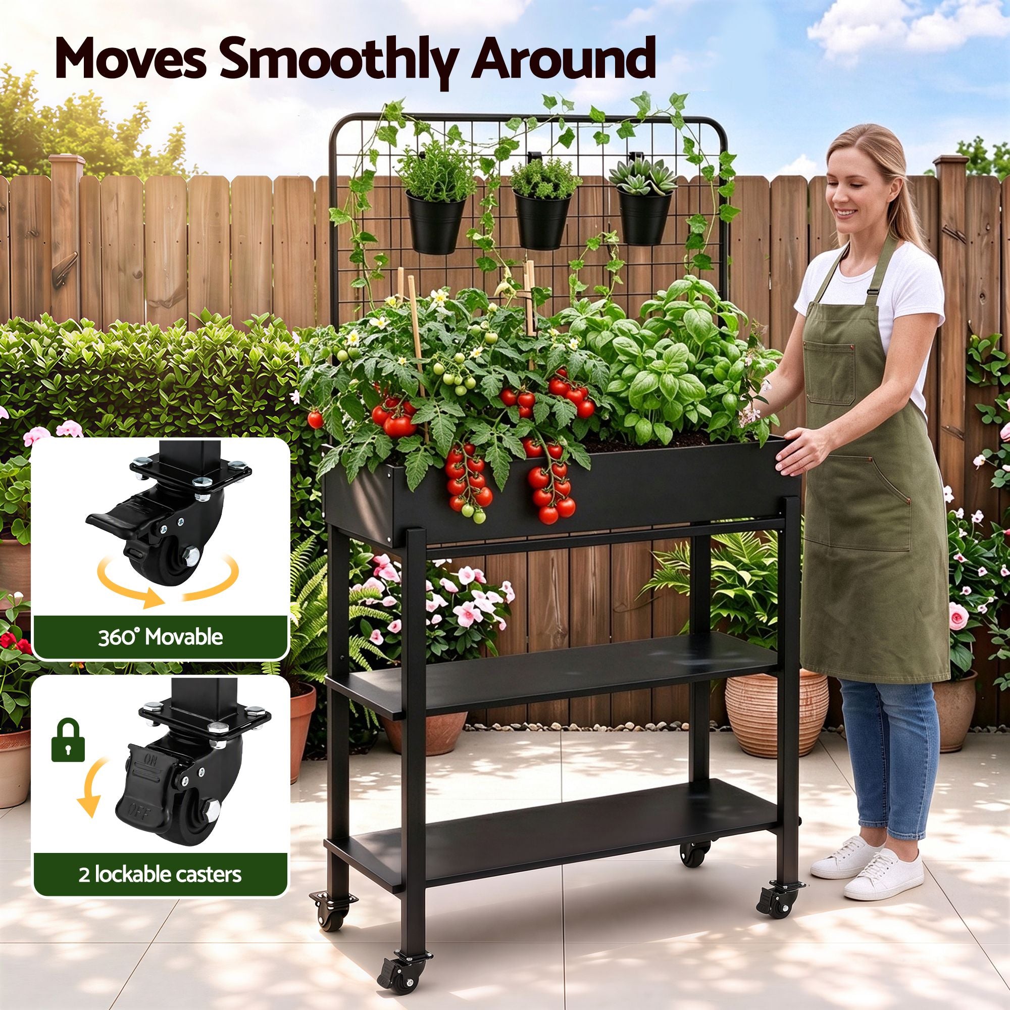 Green Fingers Mobile Raised Garden Bed with Trellis & Shelves Dark Grey Bedworld
