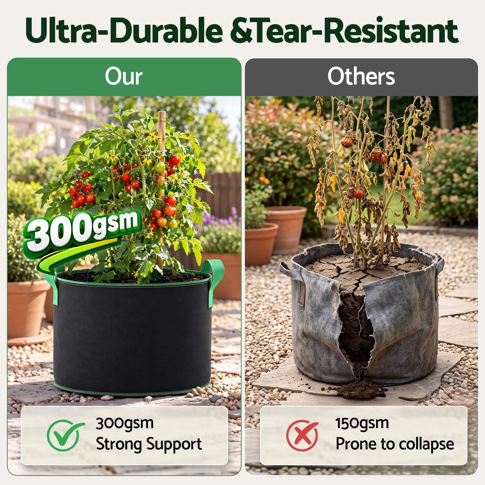 Green Fingers 15 Gallon Grow Bags 300gsm thick Aeration Fabric Pots 10 Pack Bedworld