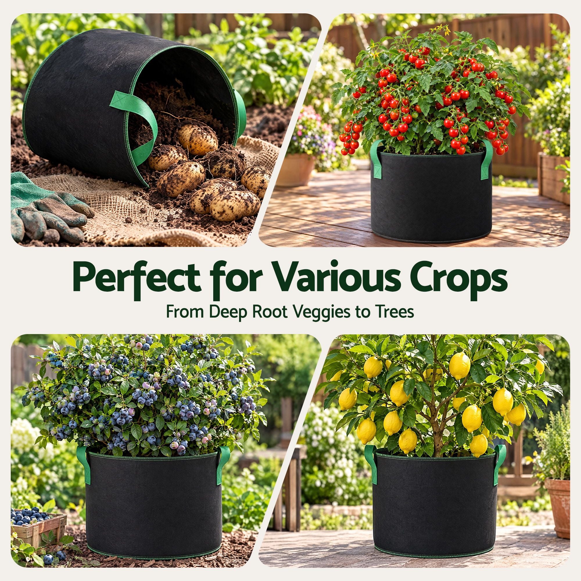 Green Fingers 15 Gallon Grow Bags 300gsm thick Aeration Fabric Pots 10 Pack Bedworld
