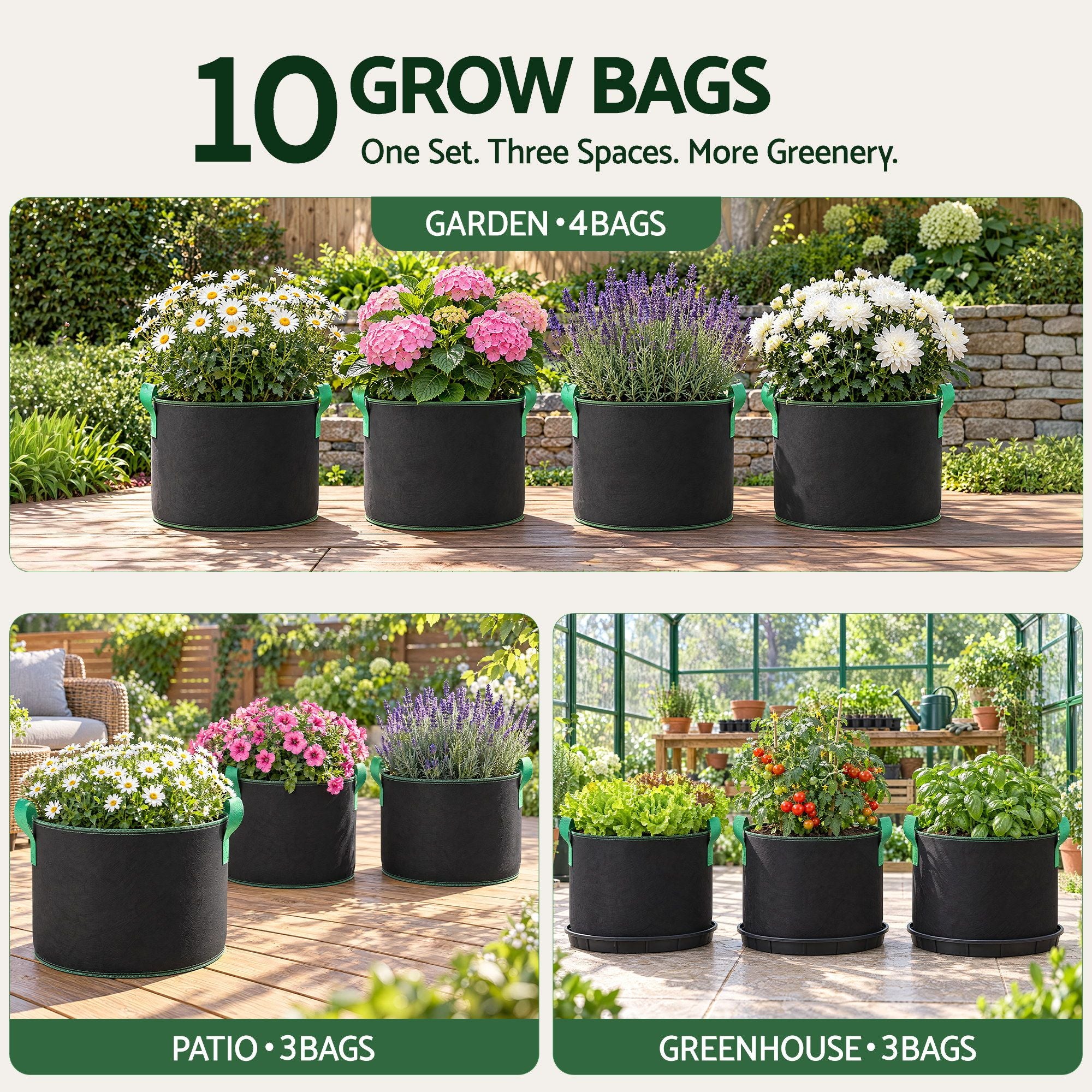 Green Fingers 15 Gallon Grow Bags 300gsm thick Aeration Fabric Pots 10 Pack Bedworld