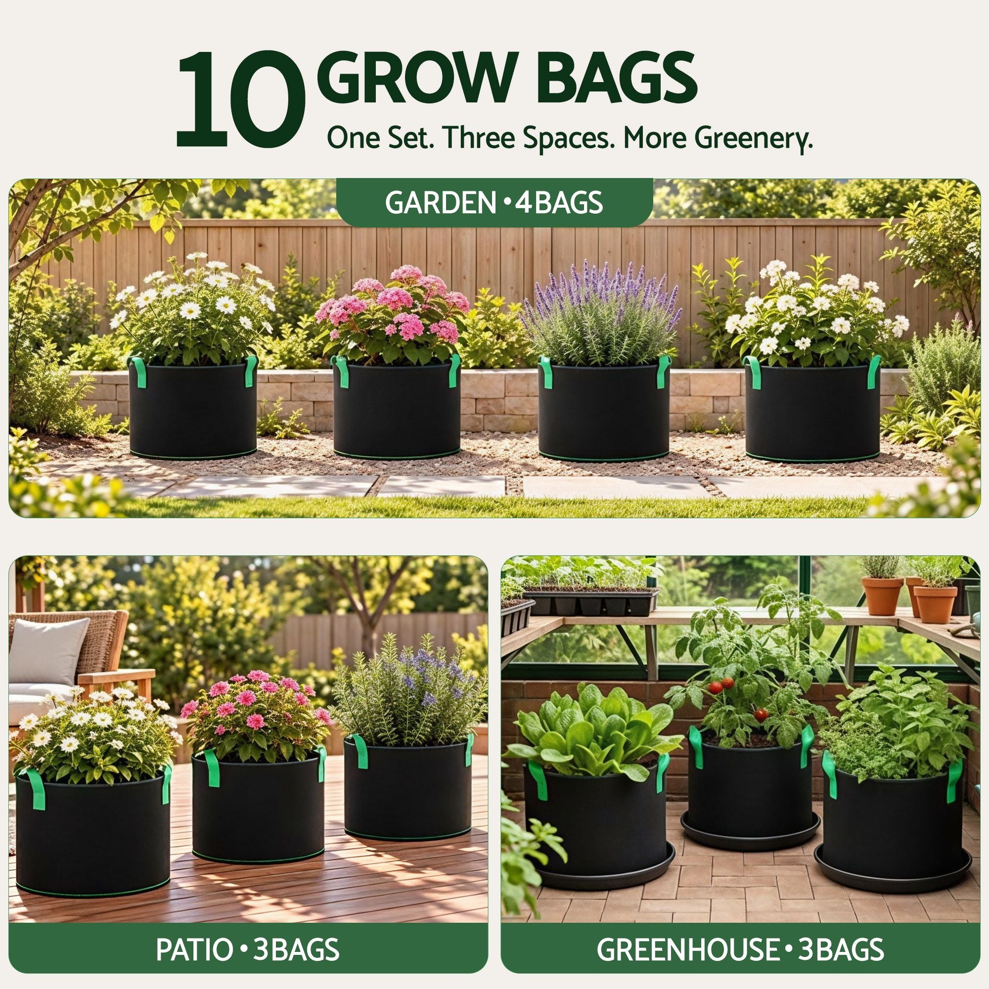 Green Fingers 20 Gallon Grow Bags 300gsm thick Aeration Fabric Pots 10 Pack Bedworld