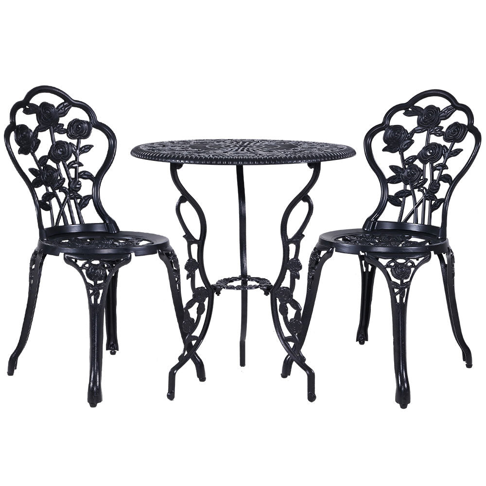 Black outdoor bistro set with two rose-pattern chairs and round textured tabletop