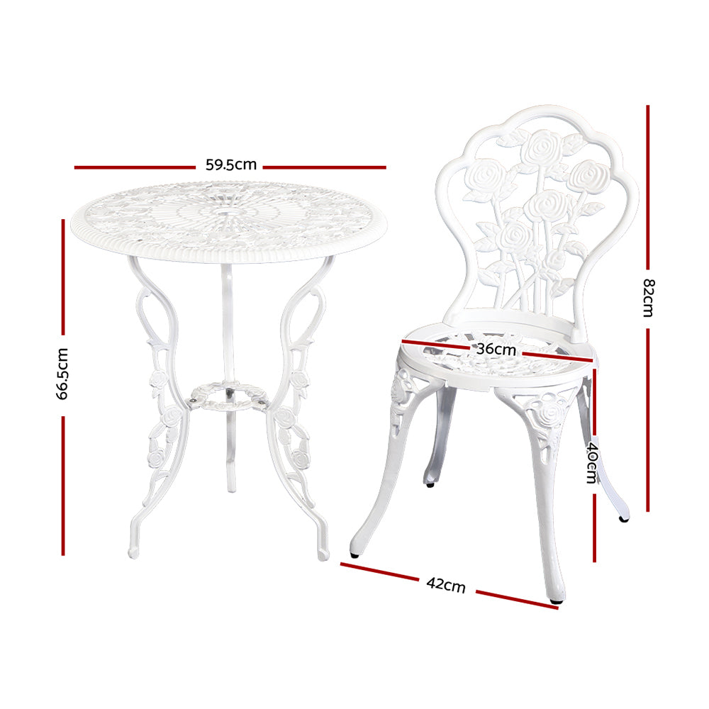 White cast-aluminum bistro table and ornate chair with size guide