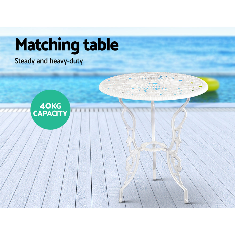 Round white cast-aluminum bistro table with ornate base