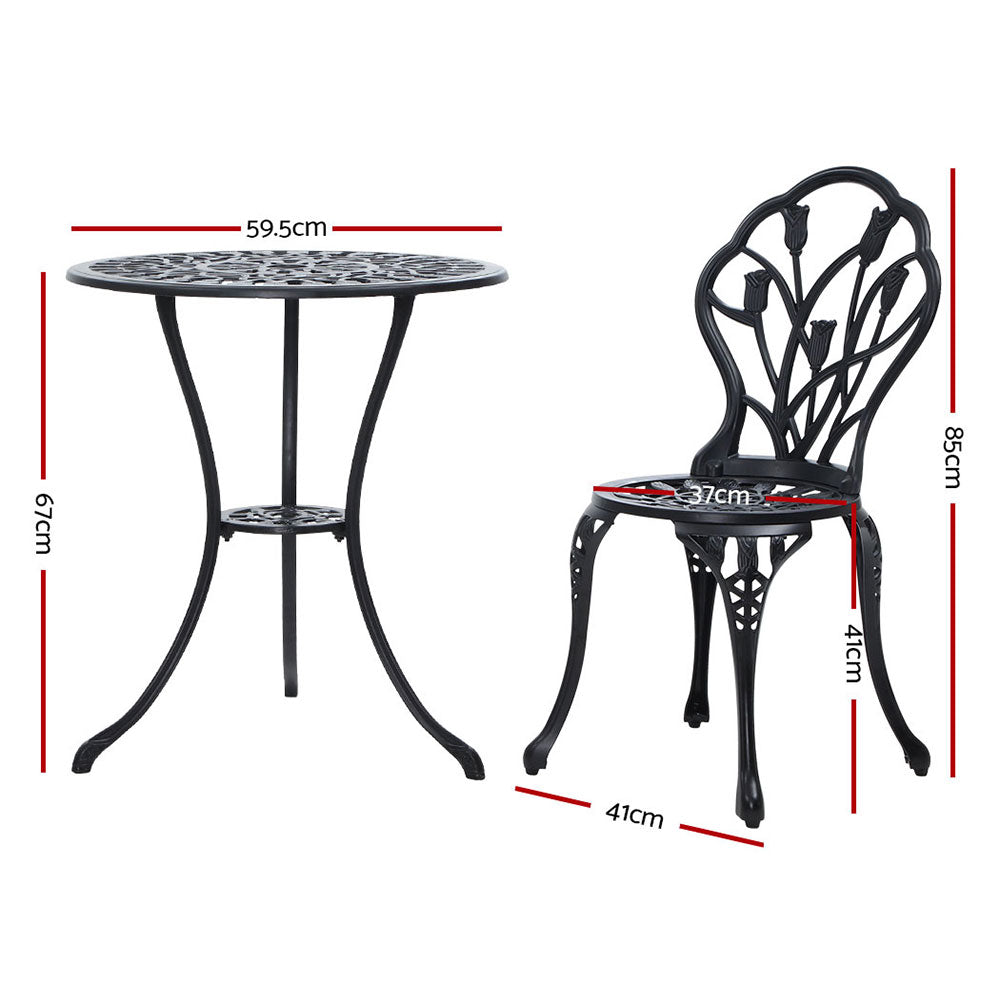 Black round bistro table with two chairs, diagram with height and width lines