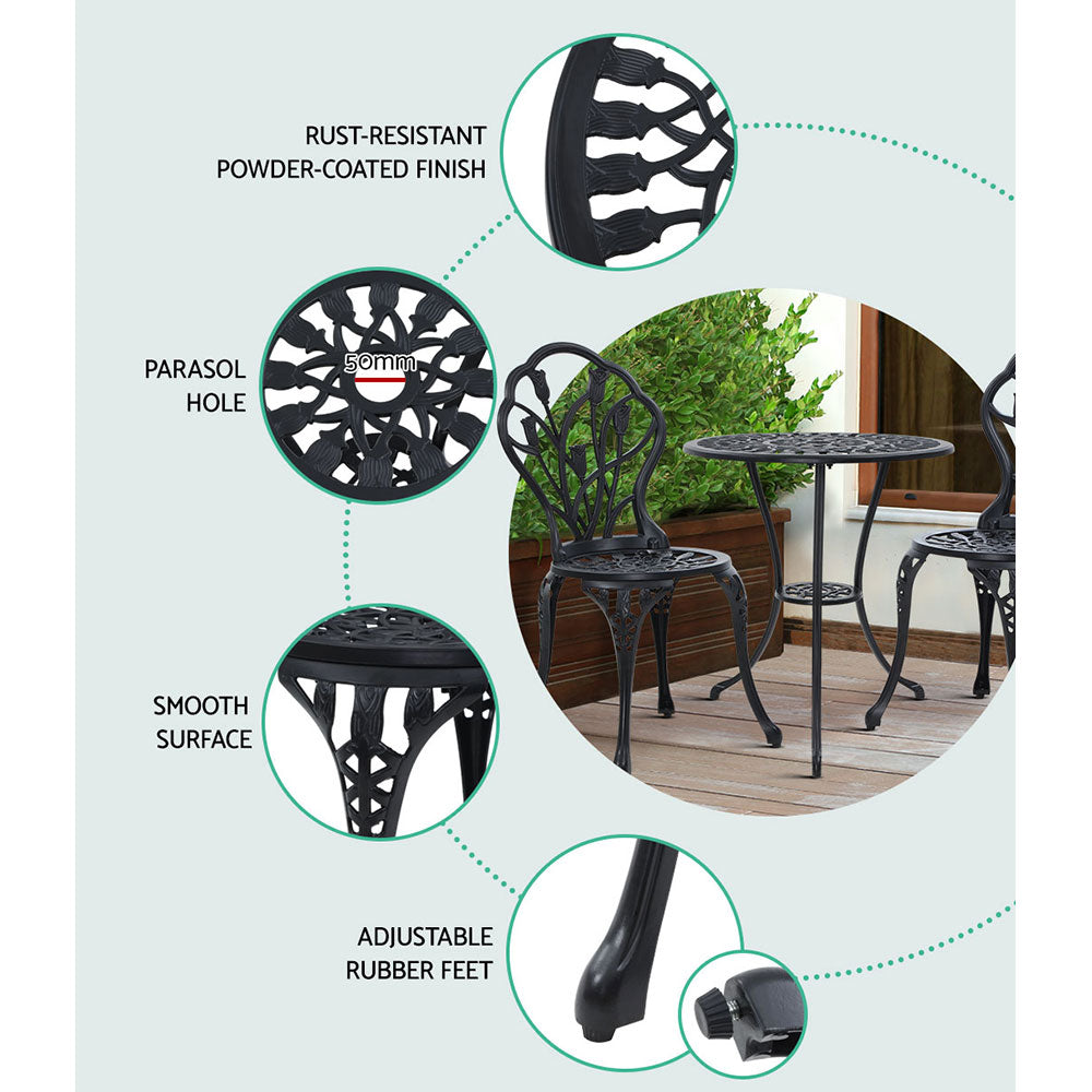Black bistro set with round tabletop, parasol hole, and adjustable rubber feet