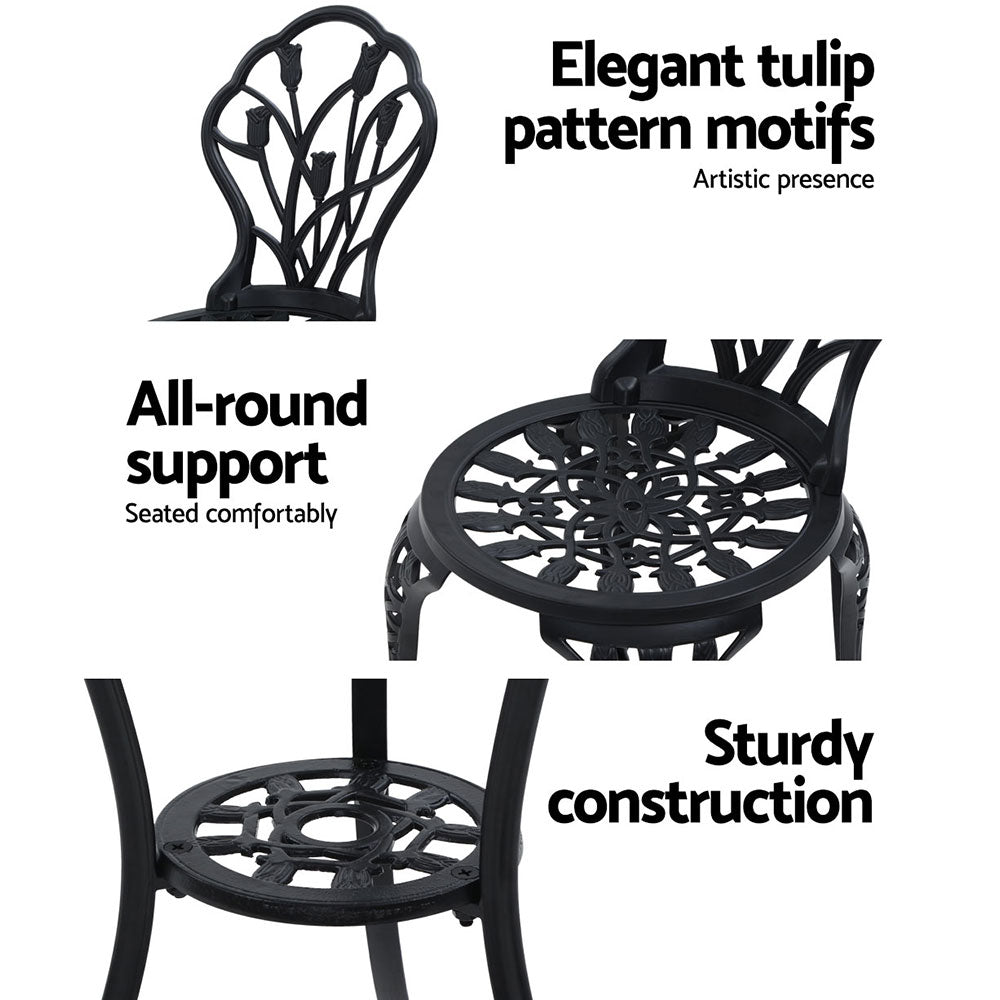 Black tulip-pattern bistro chairs and round table set, sturdy frame