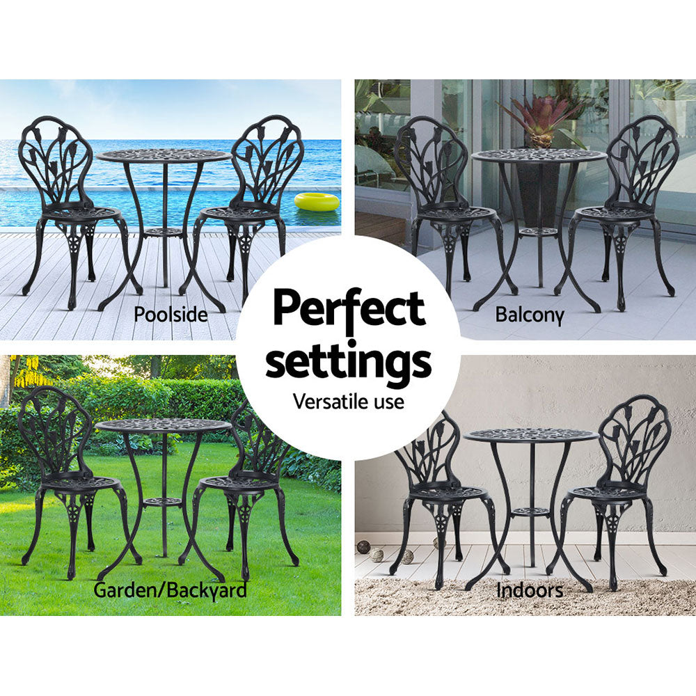 Black bistro set with two chairs and round table shown in multiple room settings