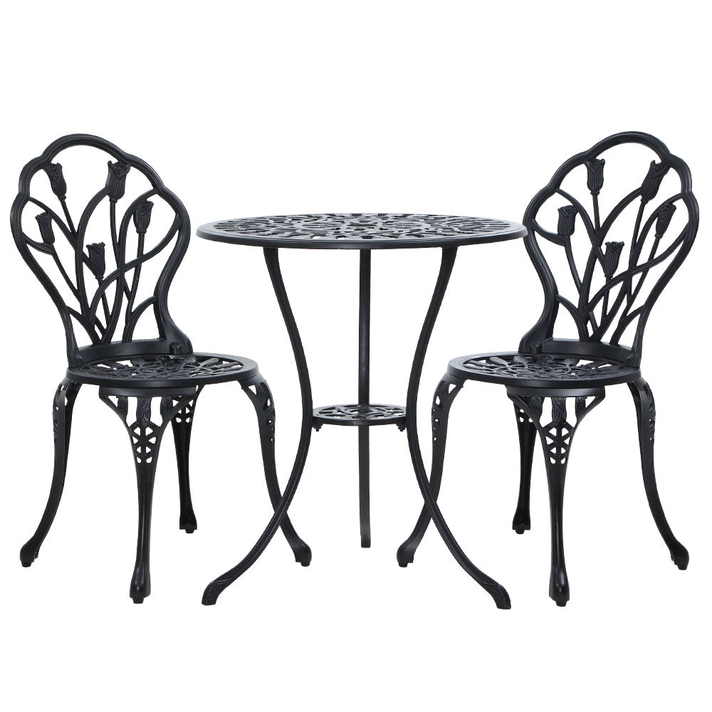 Black bistro table with two matching chairs, round tabletop and tulip motif backs