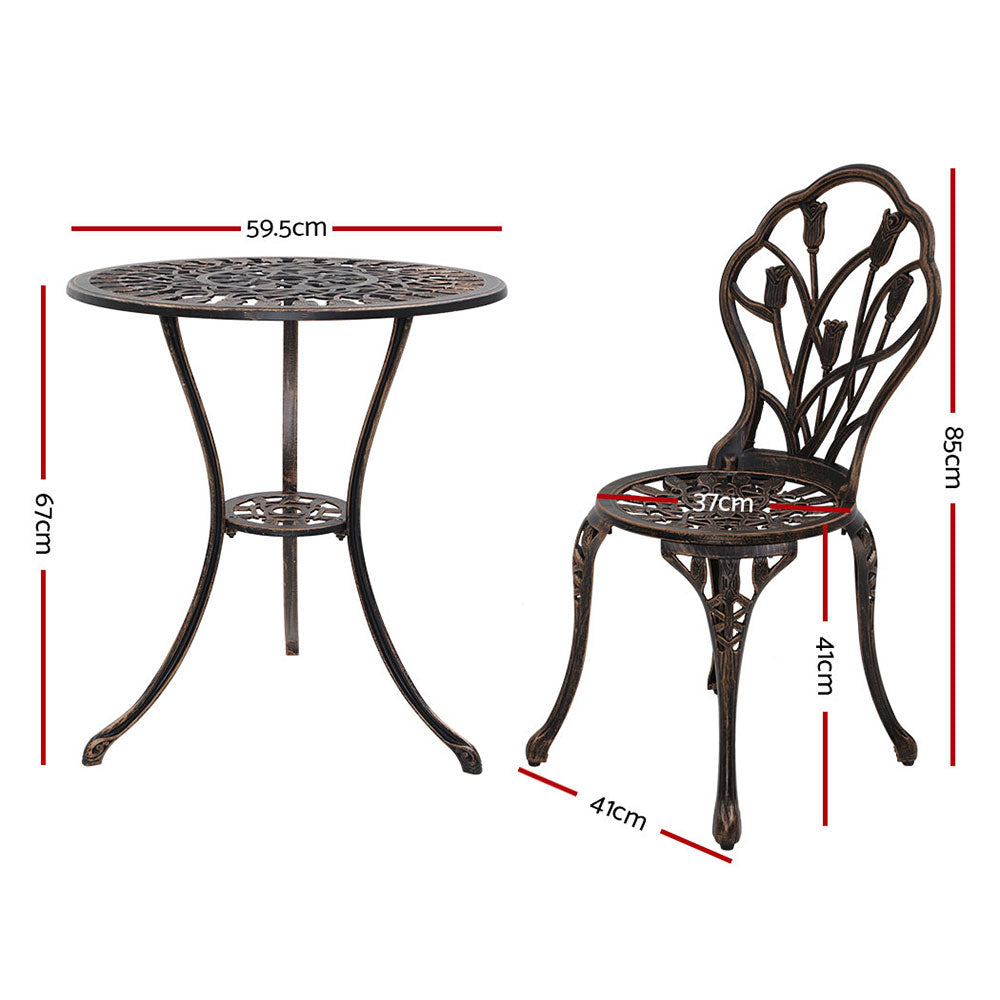 Bistro set size view: round table with two tulip-back cast aluminum chairs