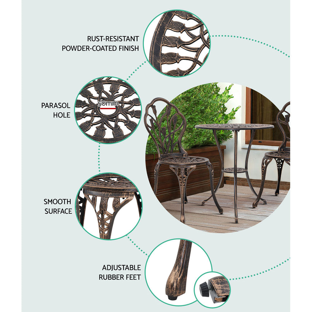 Cast aluminum bistro set features graphic: powder-coated finish, parsol hole, rubber feet