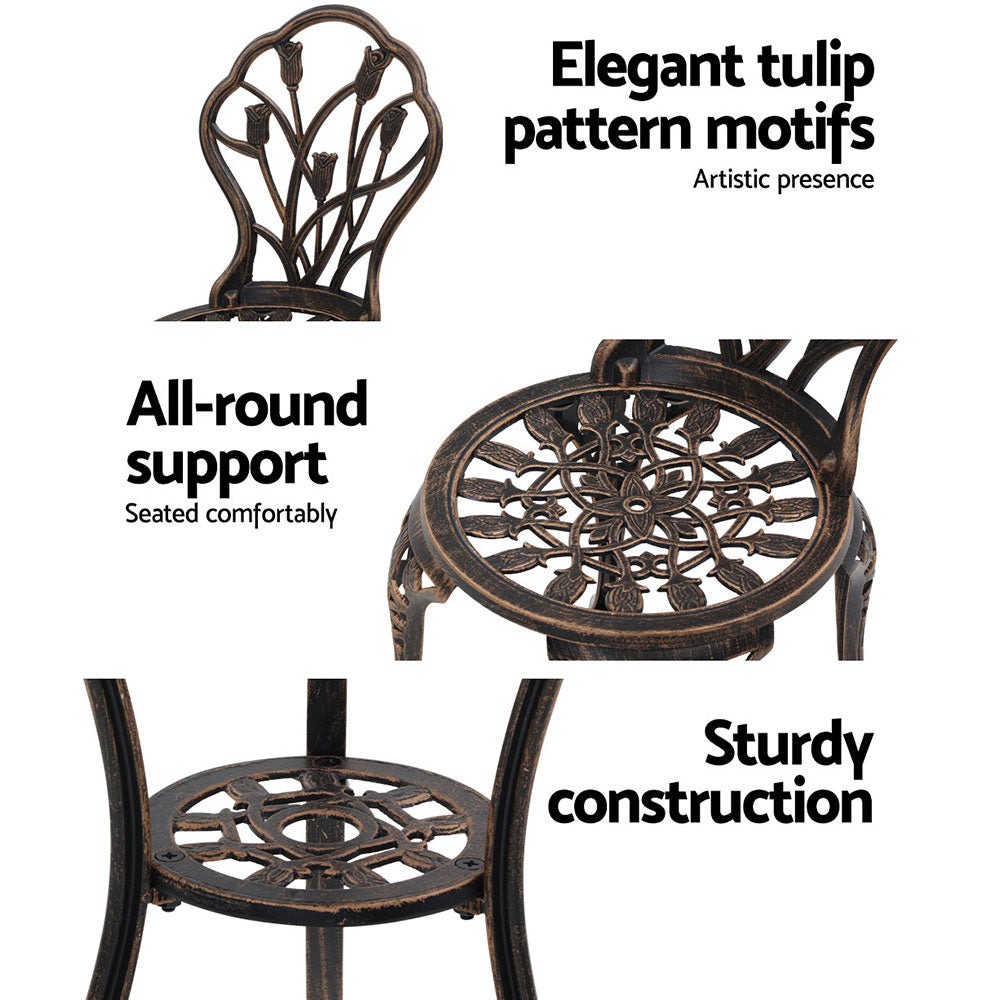 Tulip motif cast aluminum bistro chairs with round tabletop and decorative seat backs