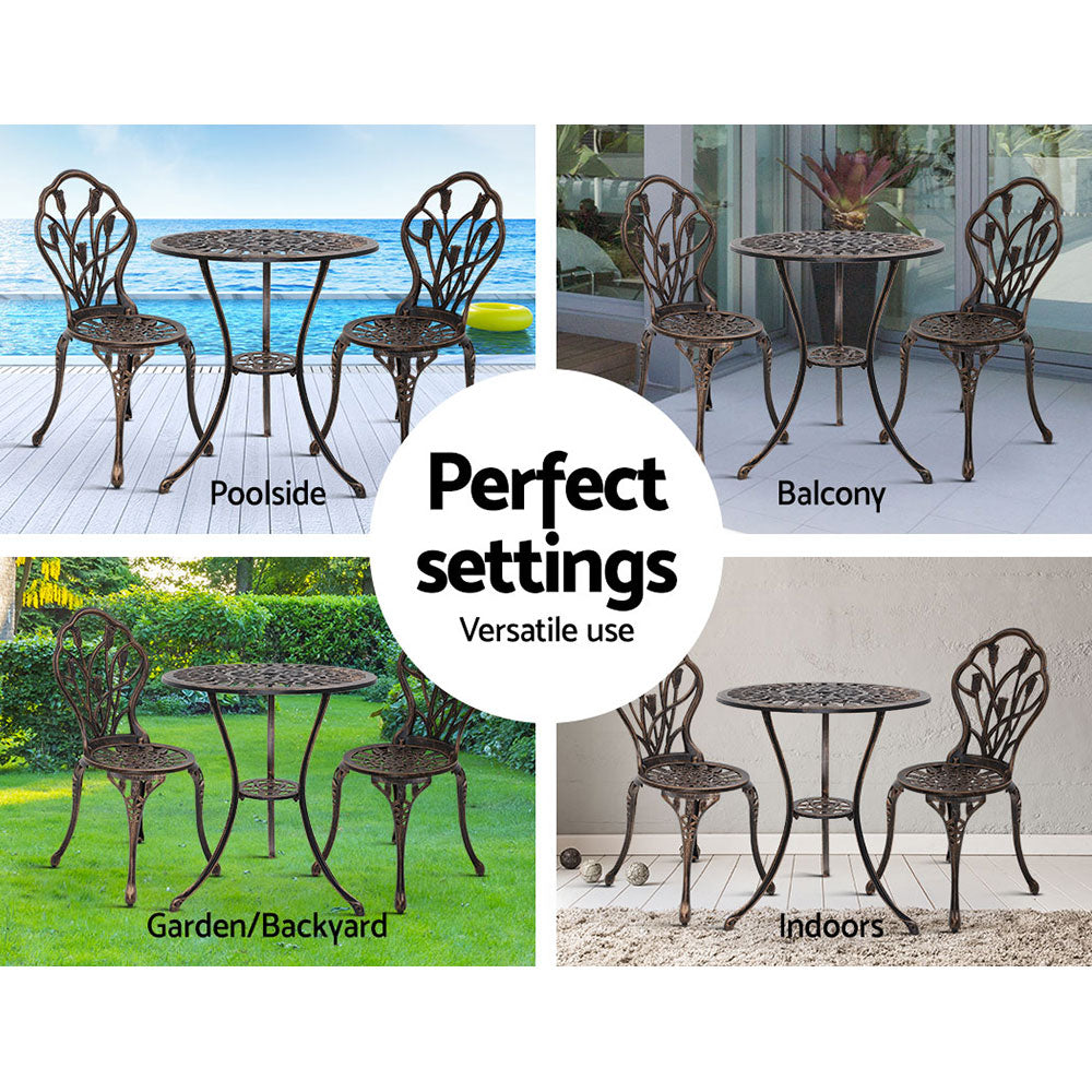 Outdoor bistro set shown in poolside, balcony, garden, and indoor settings with chairs