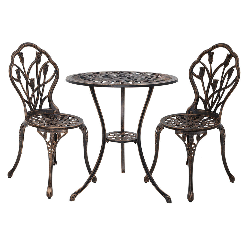 Bronze cast aluminum bistro table and two ornate tulip-back chairs, front view