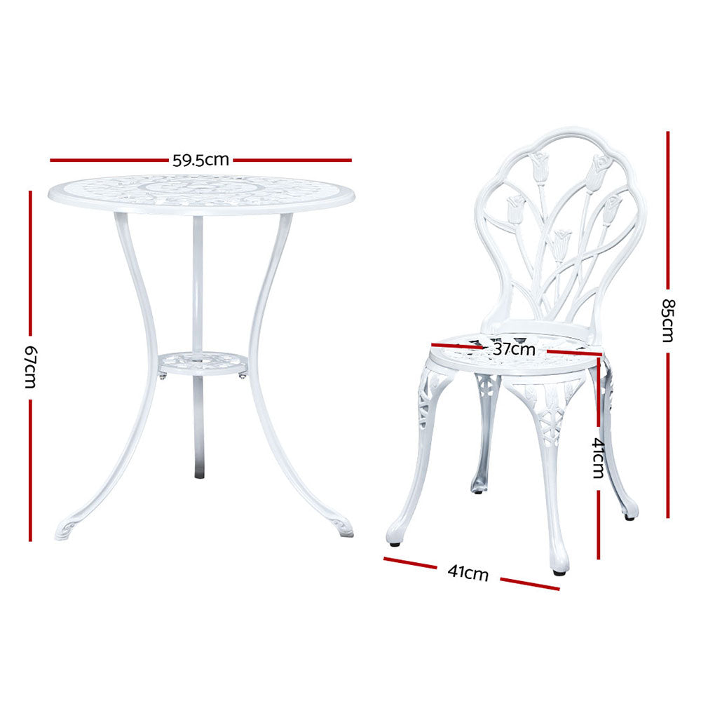 White bistro table and two armchairs with size diagram for height and width