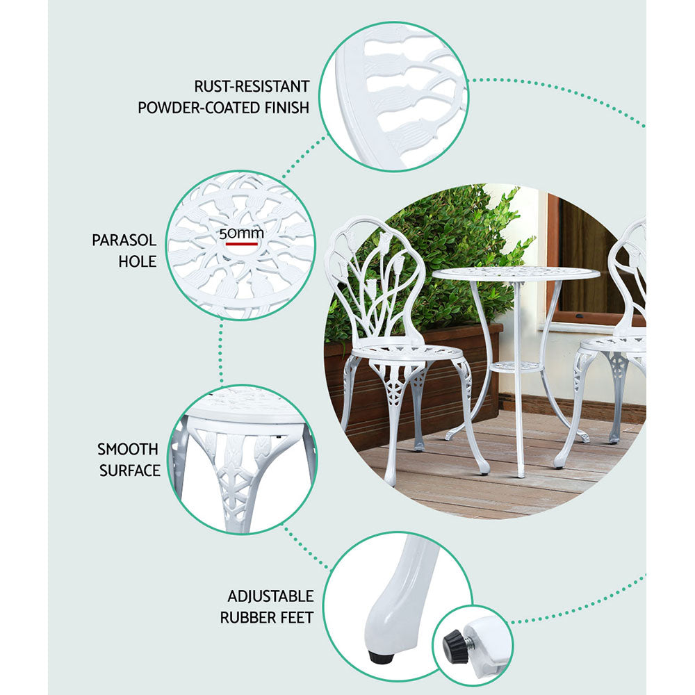 White bistro set with powder-coated finish, parasol hole, and adjustable rubber feet