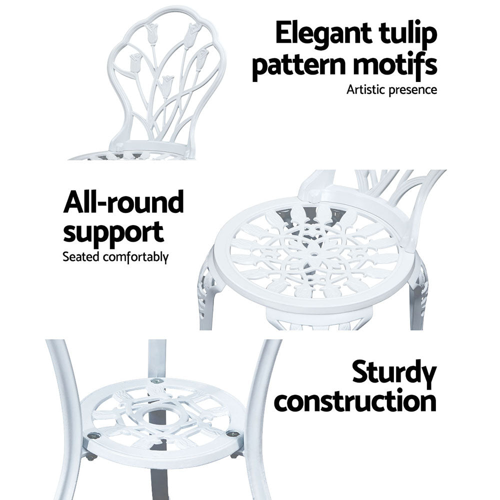 White tulip-pattern bistro chairs and round table with sturdy cast-aluminum construction