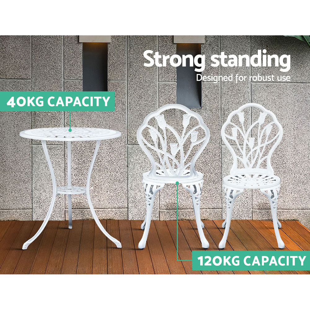 White bistro table and chairs shown with strong capacity and stable standing design