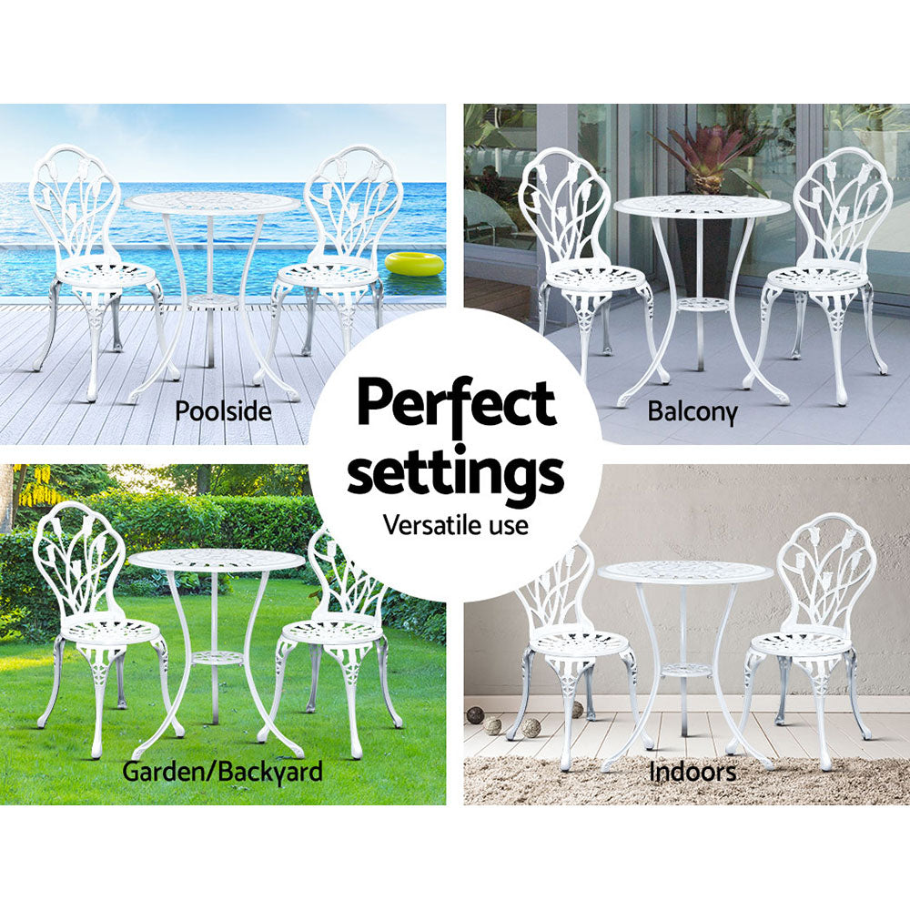 White outdoor bistro set shown for poolside, balcony, garden, and indoor setups