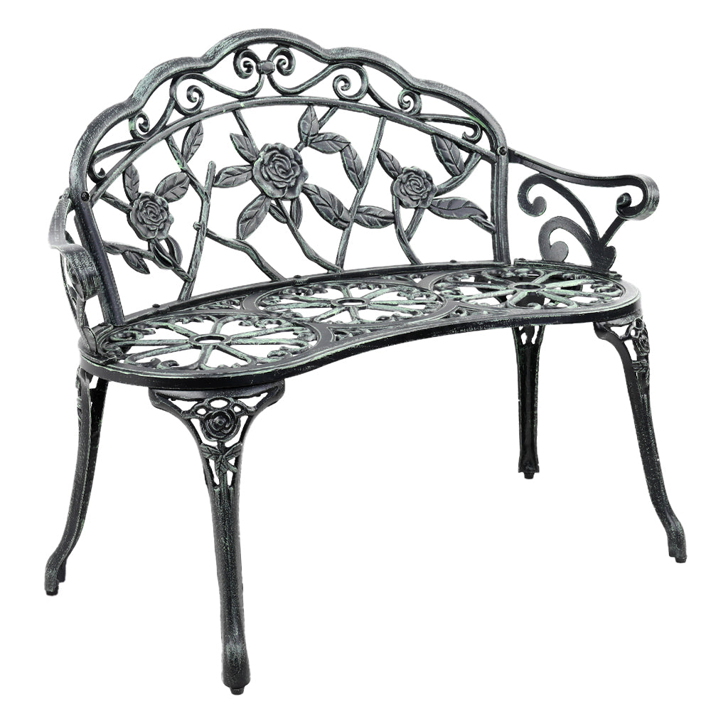 Cast aluminum garden bench seat with floral back lattice, dark frame and green inlay