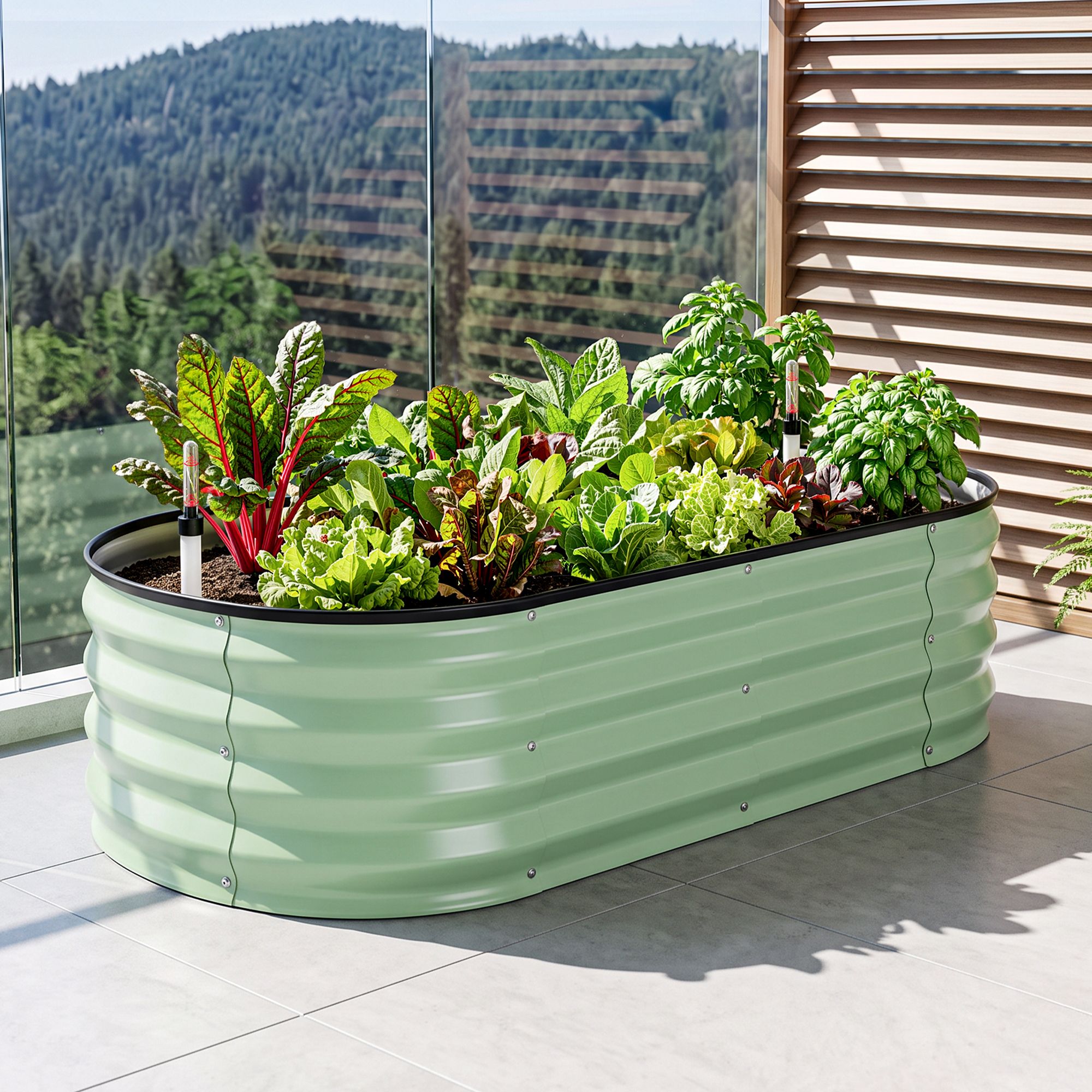 Green Fingers Self Watering Oval Garden Bed Galvanised for Balcony Deck 120x60x30cm Bedworld