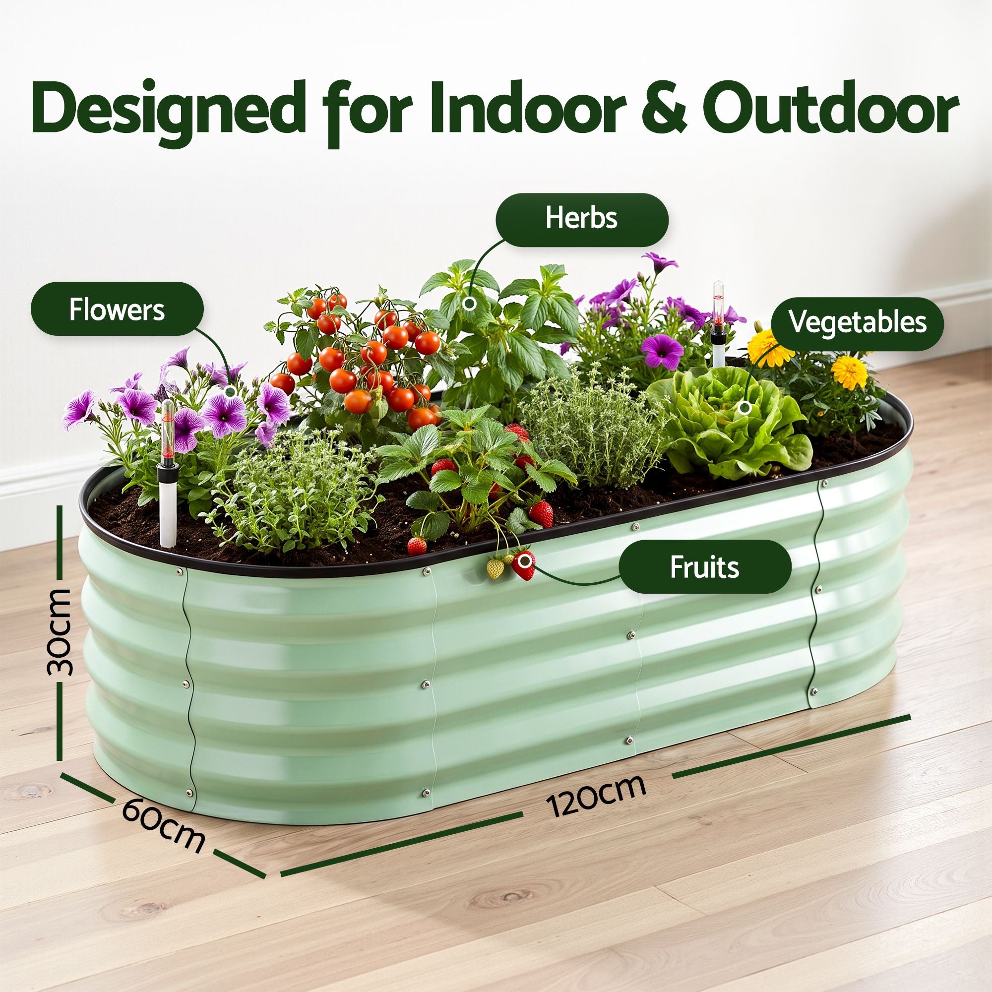 Green Fingers Self Watering Oval Garden Bed Galvanised for Balcony Deck 120x60x30cm Bedworld