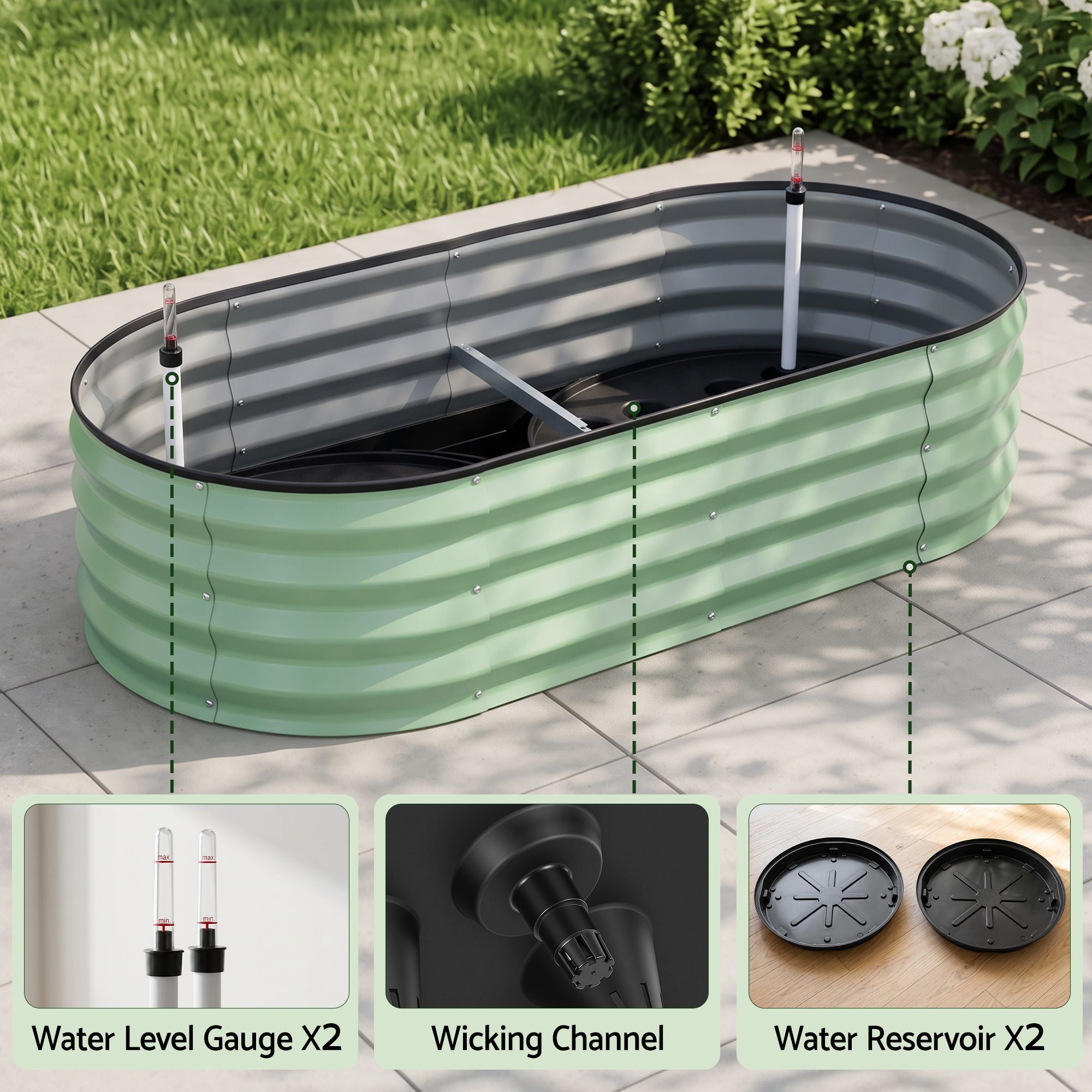Green Fingers Self Watering Oval Garden Bed Galvanised for Balcony Deck 120x60x30cm Bedworld