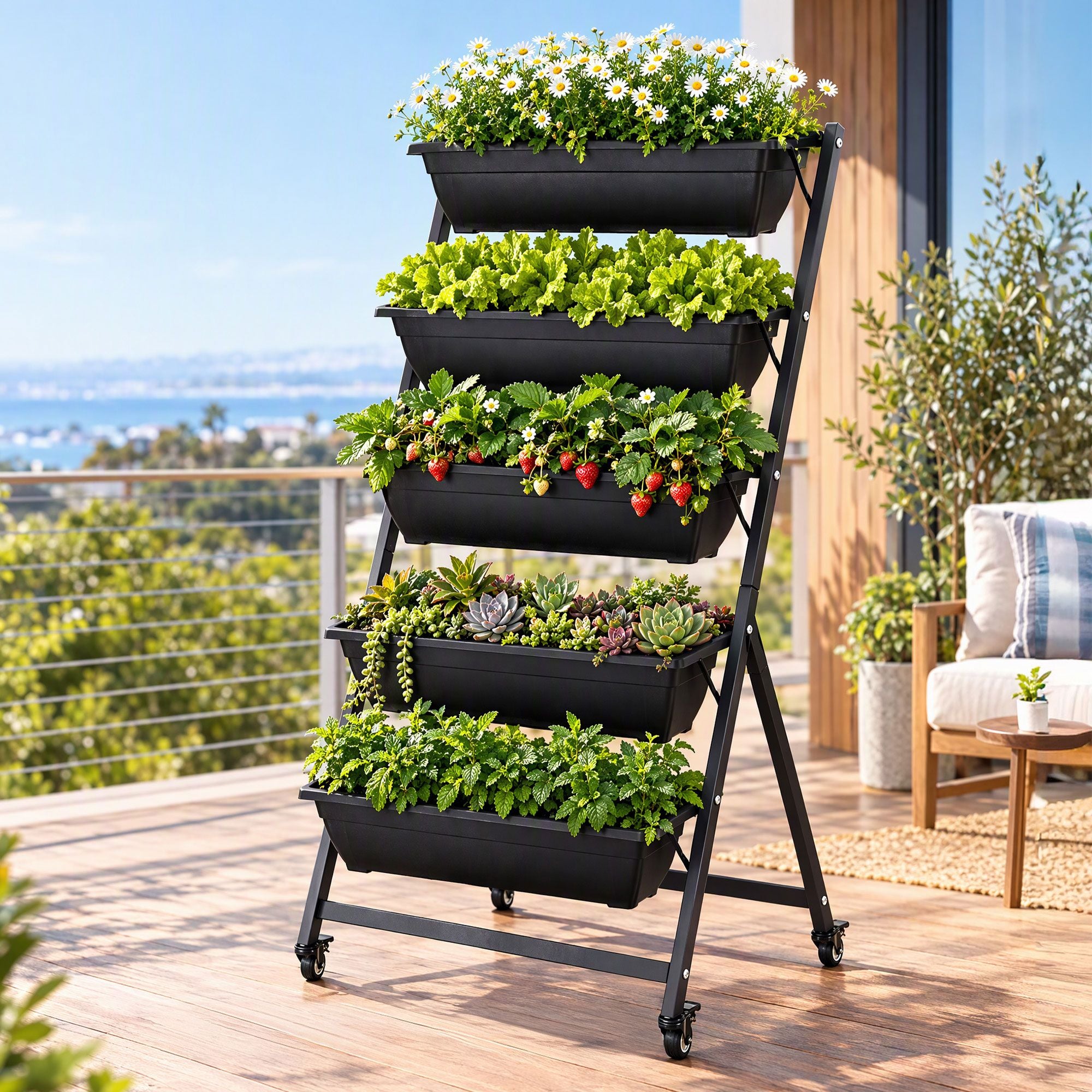 Green Fingers 5 Tier Vertical Raised Garden Bed Mobile Planter Box with Locking Wheels Bedworld