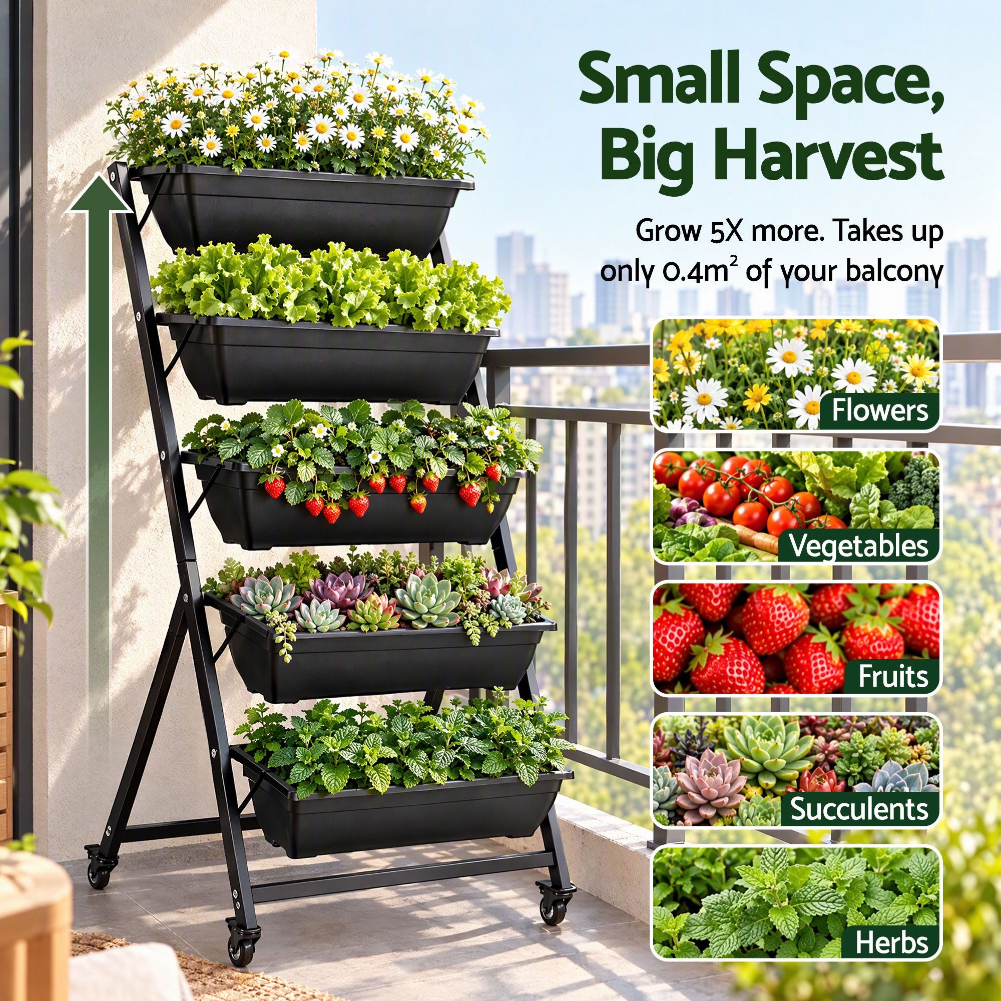 Green Fingers 5 Tier Vertical Raised Garden Bed Mobile Planter Box with Locking Wheels Bedworld