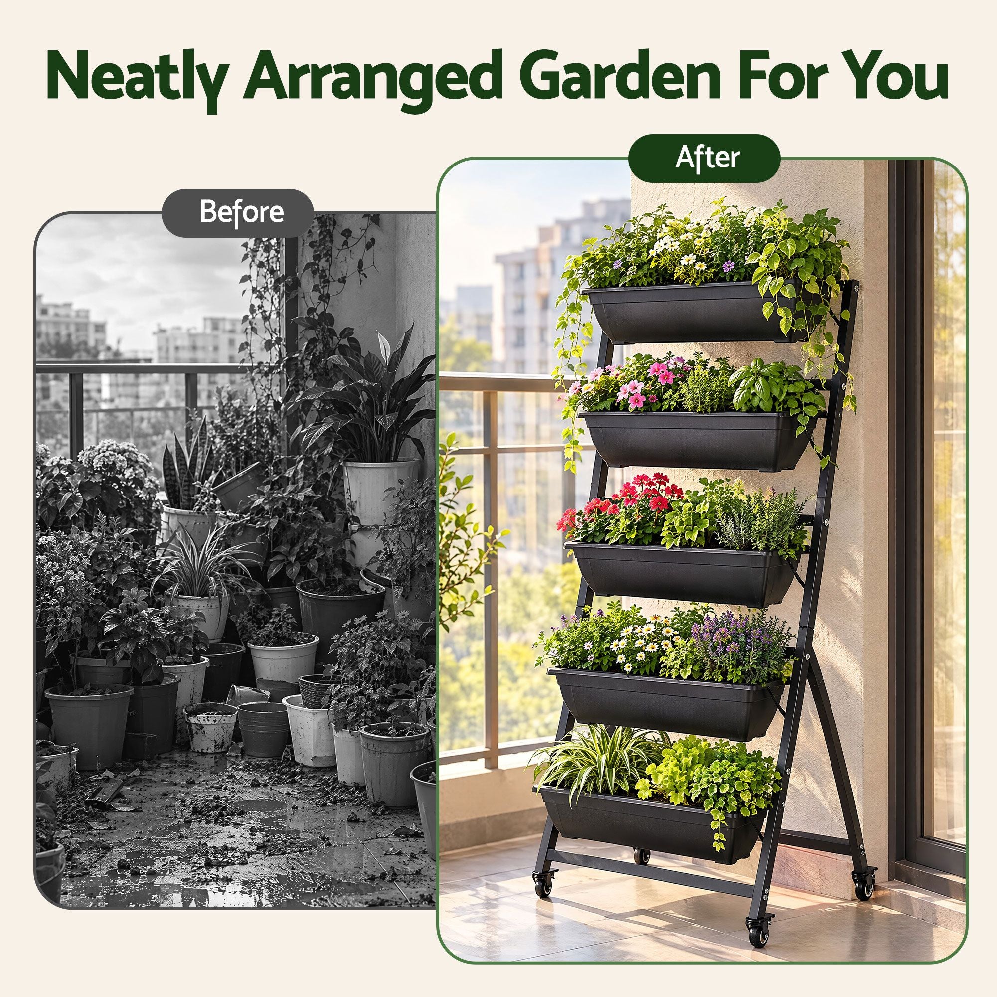 Green Fingers 5 Tier Vertical Raised Garden Bed Mobile Planter Box with Locking Wheels Bedworld