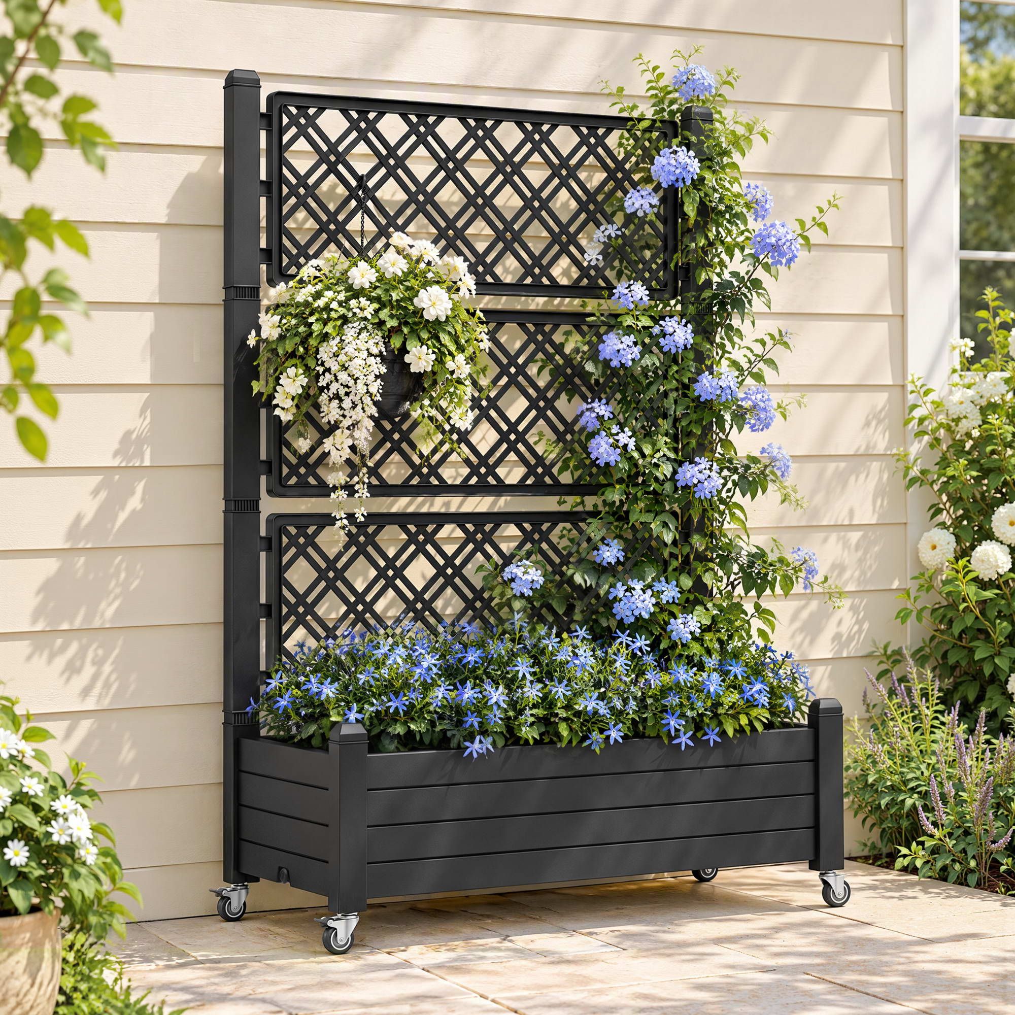 Green Fingers Mobile Planter Box with Trellis, Self Watering Garden Bed & Privacy Screen for Climbing Plants Flowers, Black Bedworld