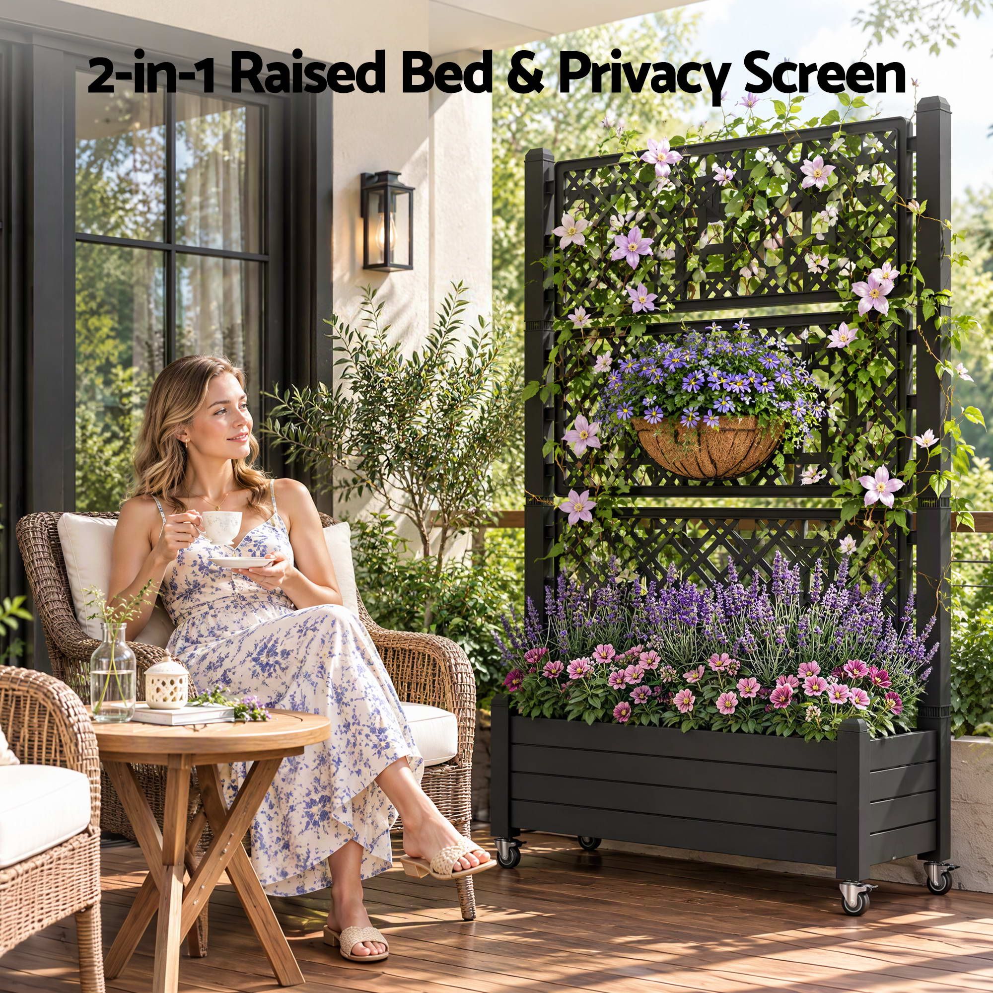 Green Fingers Mobile Planter Box with Trellis, Self Watering Garden Bed & Privacy Screen for Climbing Plants Flowers, Black Bedworld