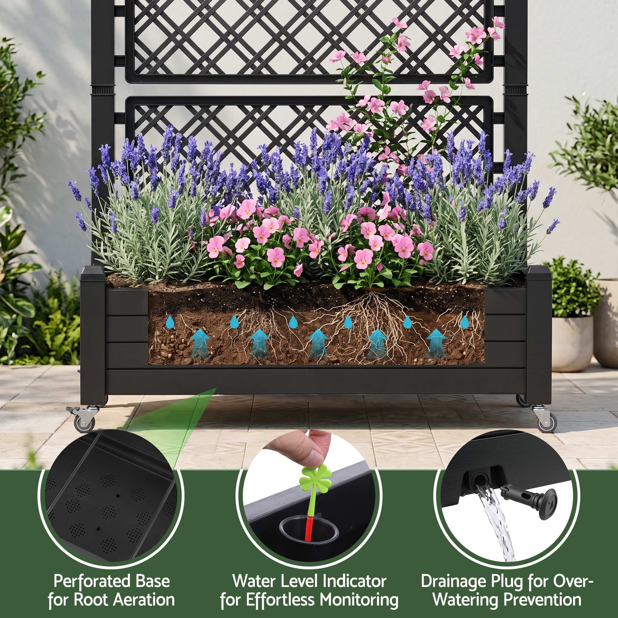 Green Fingers Mobile Planter Box with Trellis, Self Watering Garden Bed & Privacy Screen for Climbing Plants Flowers, Black Bedworld