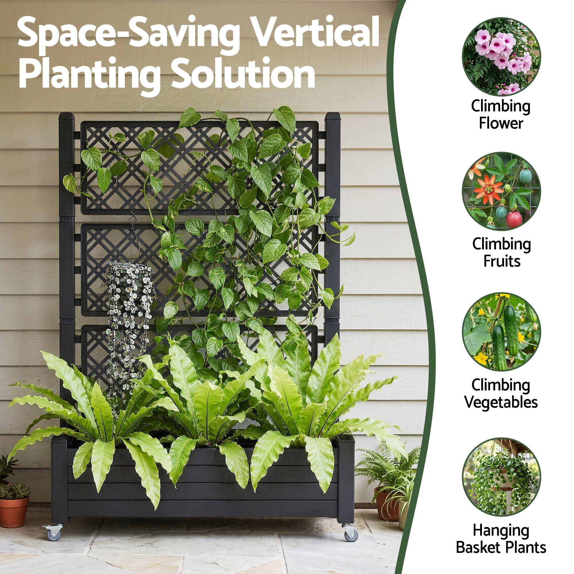 Green Fingers Mobile Planter Box with Trellis, Self Watering Garden Bed & Privacy Screen for Climbing Plants Flowers, Black Bedworld