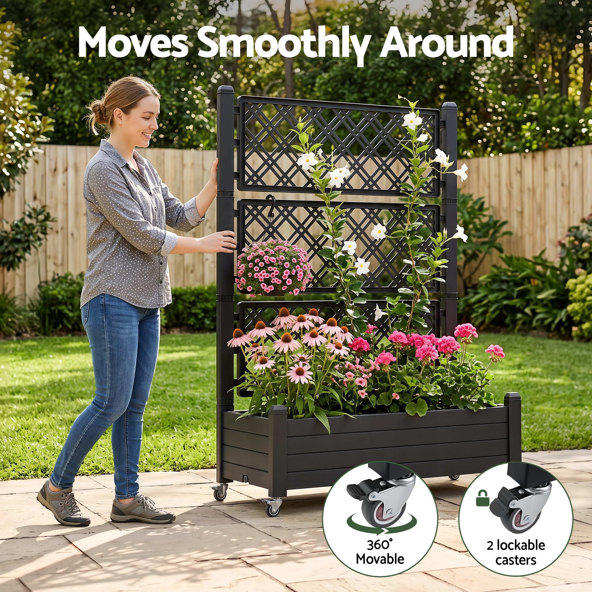Green Fingers Mobile Planter Box with Trellis, Self Watering Garden Bed & Privacy Screen for Climbing Plants Flowers, Black Bedworld