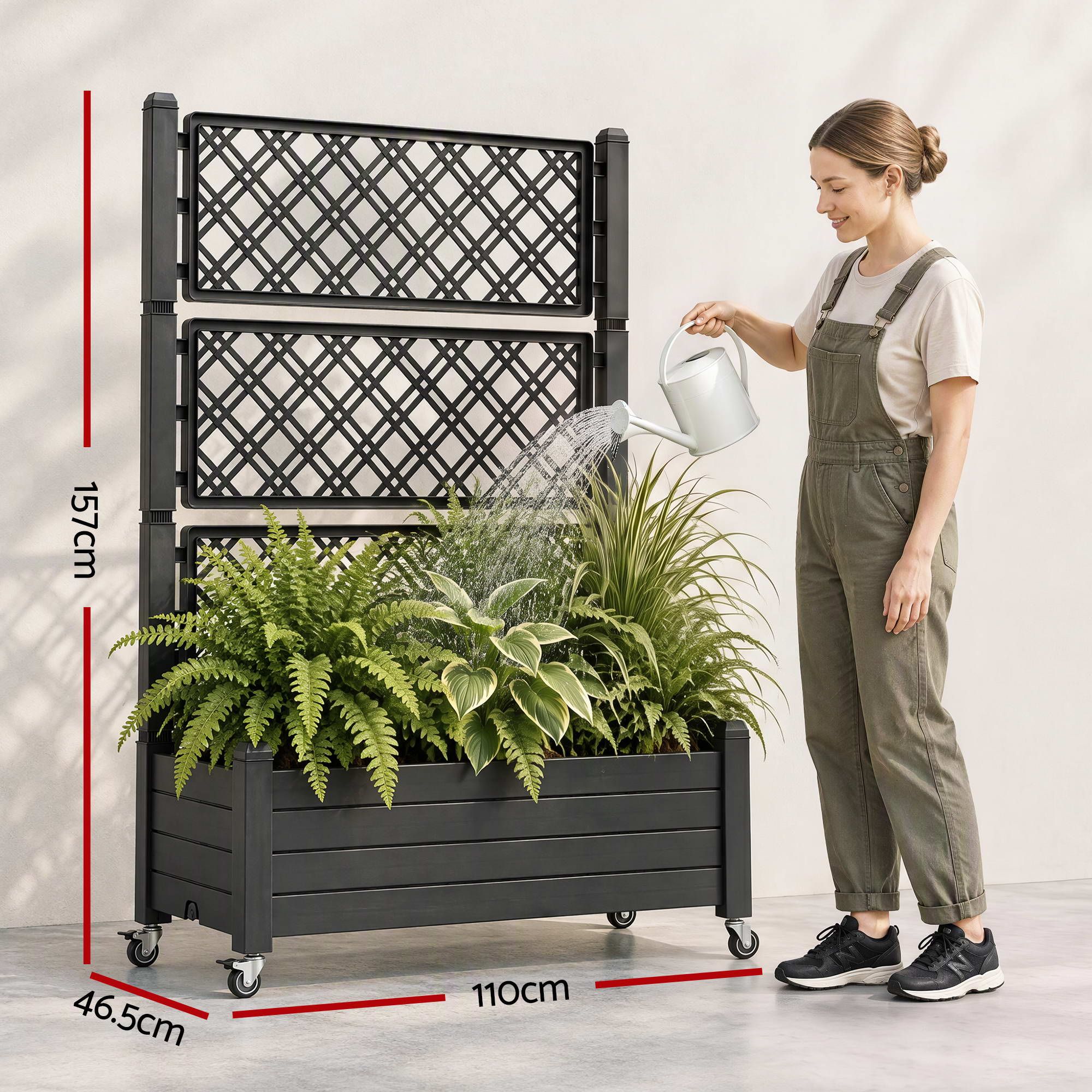 Green Fingers Mobile Planter Box with Trellis, Self Watering Garden Bed & Privacy Screen for Climbing Plants Flowers, Black Bedworld