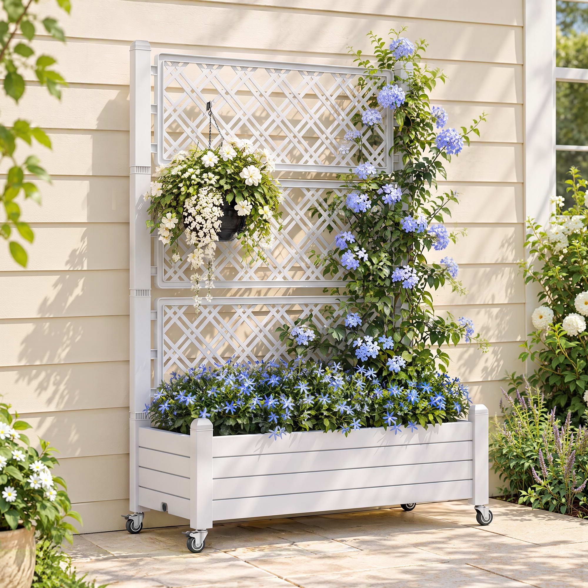 Green Fingers Mobile Planter Box with Trellis, Self Watering Garden Bed & Privacy Screen for Climbing Plants Flowers, White Bedworld