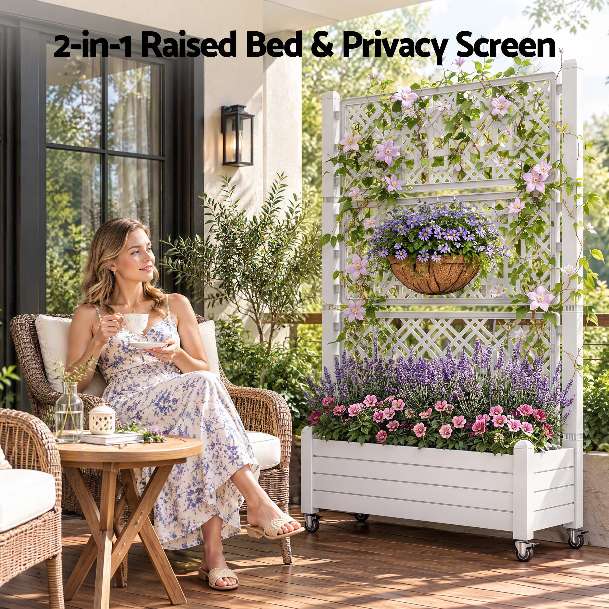 Green Fingers Mobile Planter Box with Trellis, Self Watering Garden Bed & Privacy Screen for Climbing Plants Flowers, White Bedworld