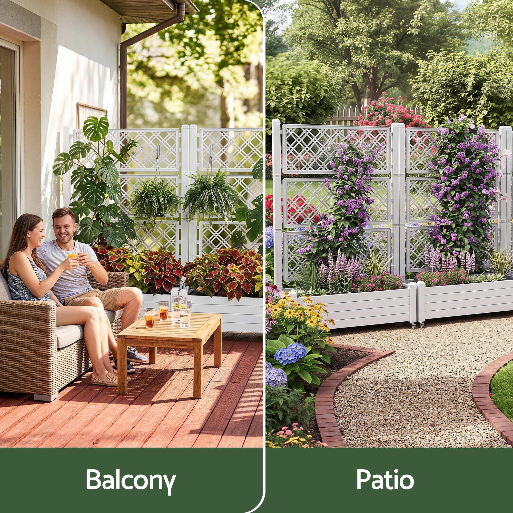 Green Fingers Mobile Planter Box with Trellis, Self Watering Garden Bed & Privacy Screen for Climbing Plants Flowers, White Bedworld