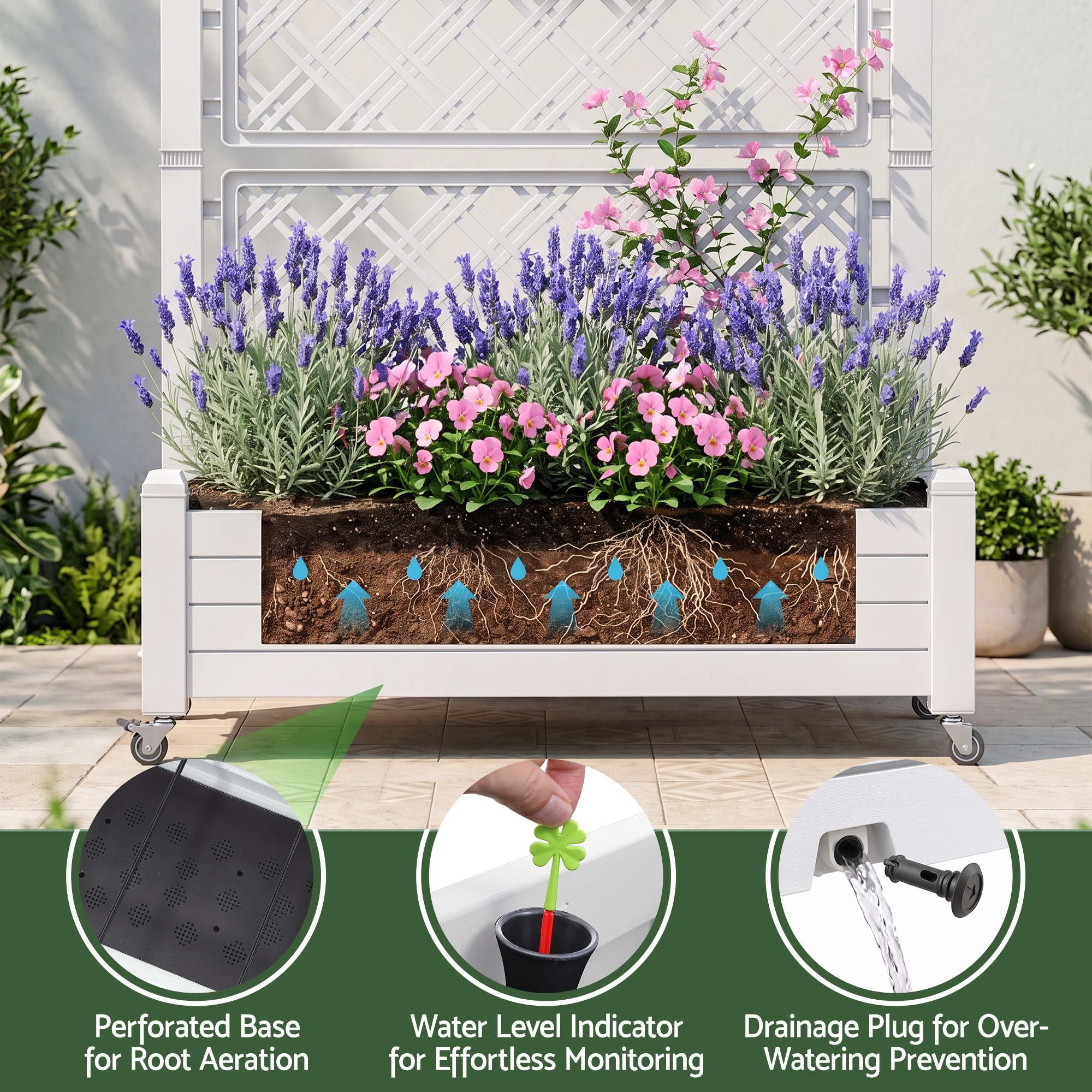 Green Fingers Mobile Planter Box with Trellis, Self Watering Garden Bed & Privacy Screen for Climbing Plants Flowers, White Bedworld