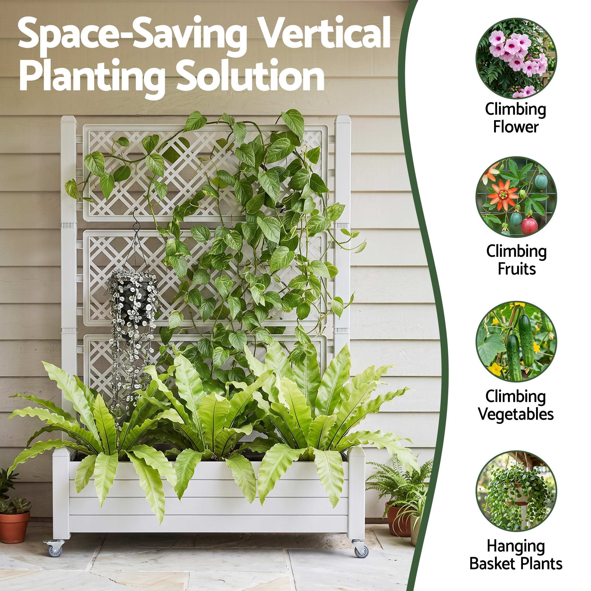 Green Fingers Mobile Planter Box with Trellis, Self Watering Garden Bed & Privacy Screen for Climbing Plants Flowers, White Bedworld