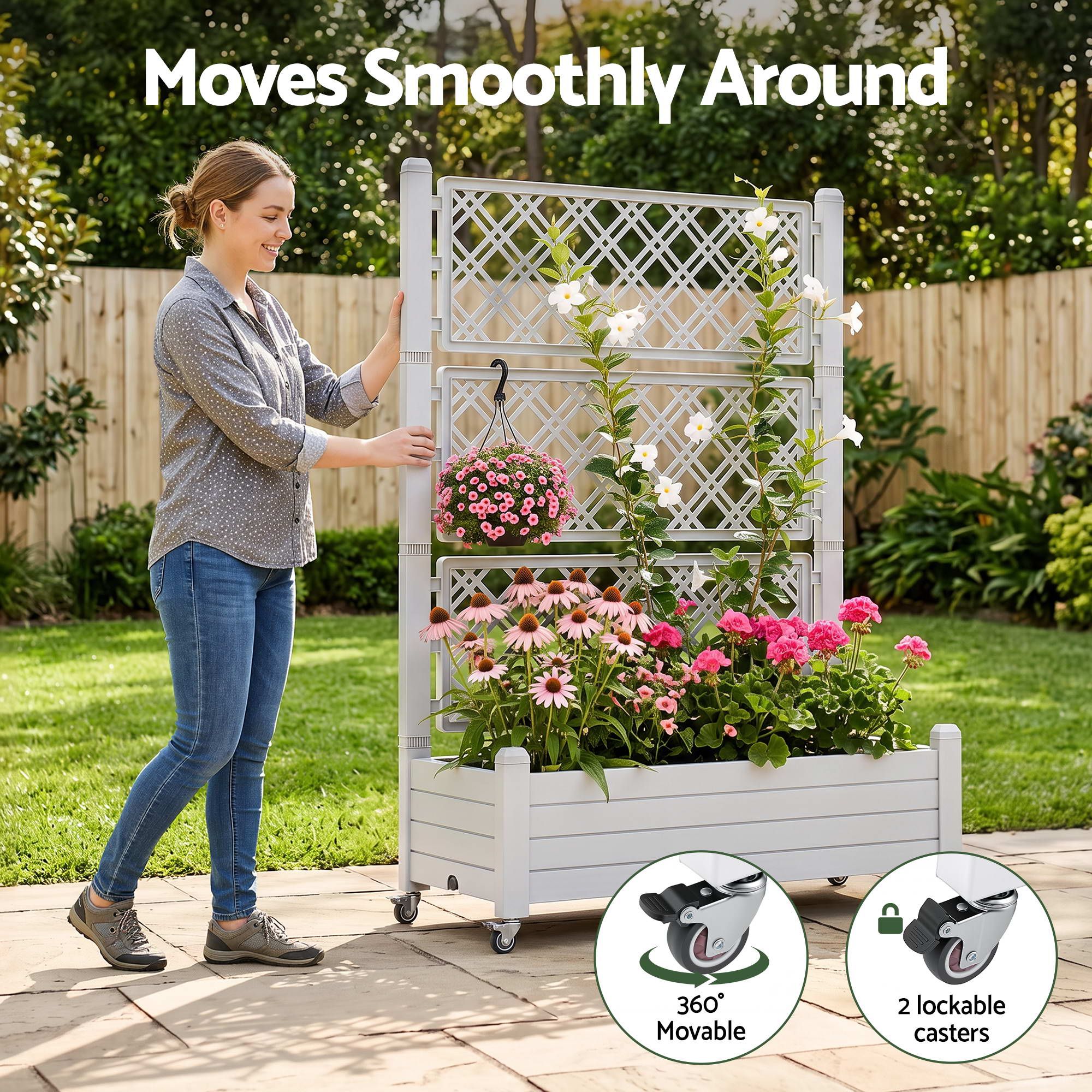 Green Fingers Mobile Planter Box with Trellis, Self Watering Garden Bed & Privacy Screen for Climbing Plants Flowers, White Bedworld