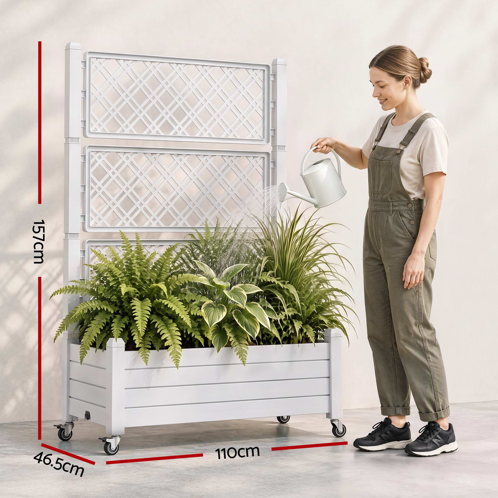 Green Fingers Mobile Planter Box with Trellis, Self Watering Garden Bed & Privacy Screen for Climbing Plants Flowers, White Bedworld