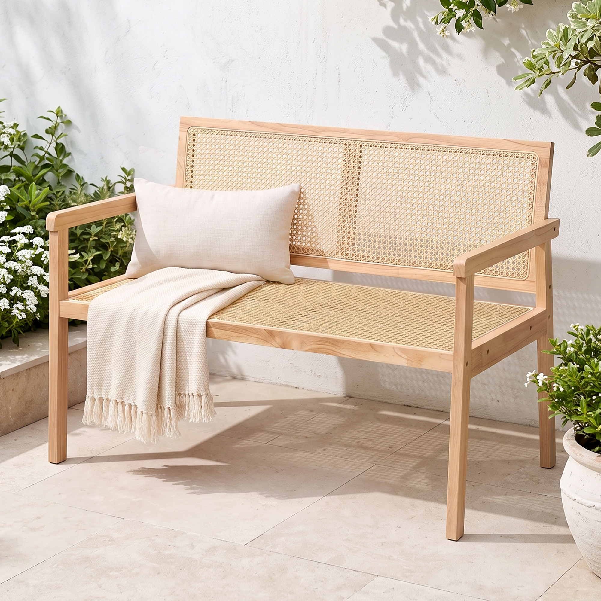 Gardeon Garden Bench Wooden Bench Outdoor PVC Woven Seat Backrest 107cm Bedworld