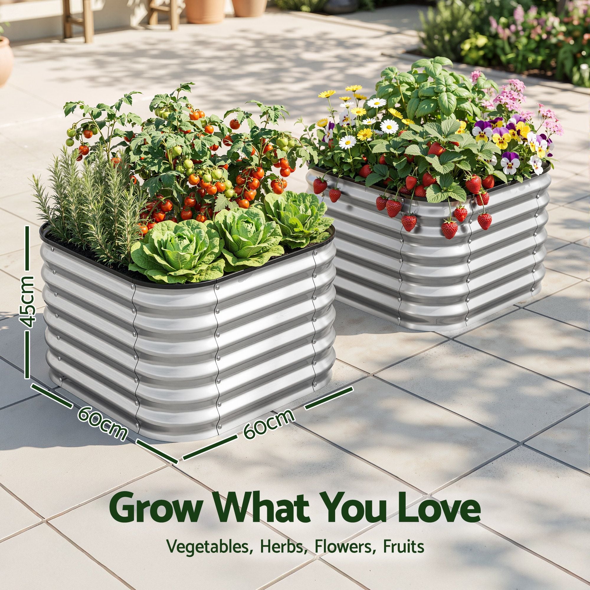 Green Fingers Galvanized Raised Garden Bed 2 Pack Metal Planter 60x60x45cm Bedworld