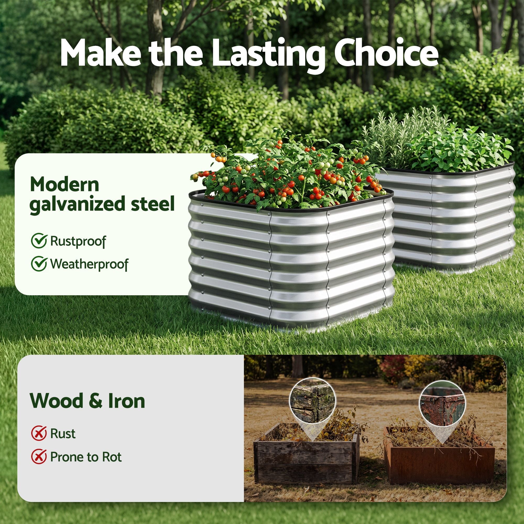 Green Fingers Galvanized Raised Garden Bed 2 Pack Metal Planter 60x60x45cm Bedworld