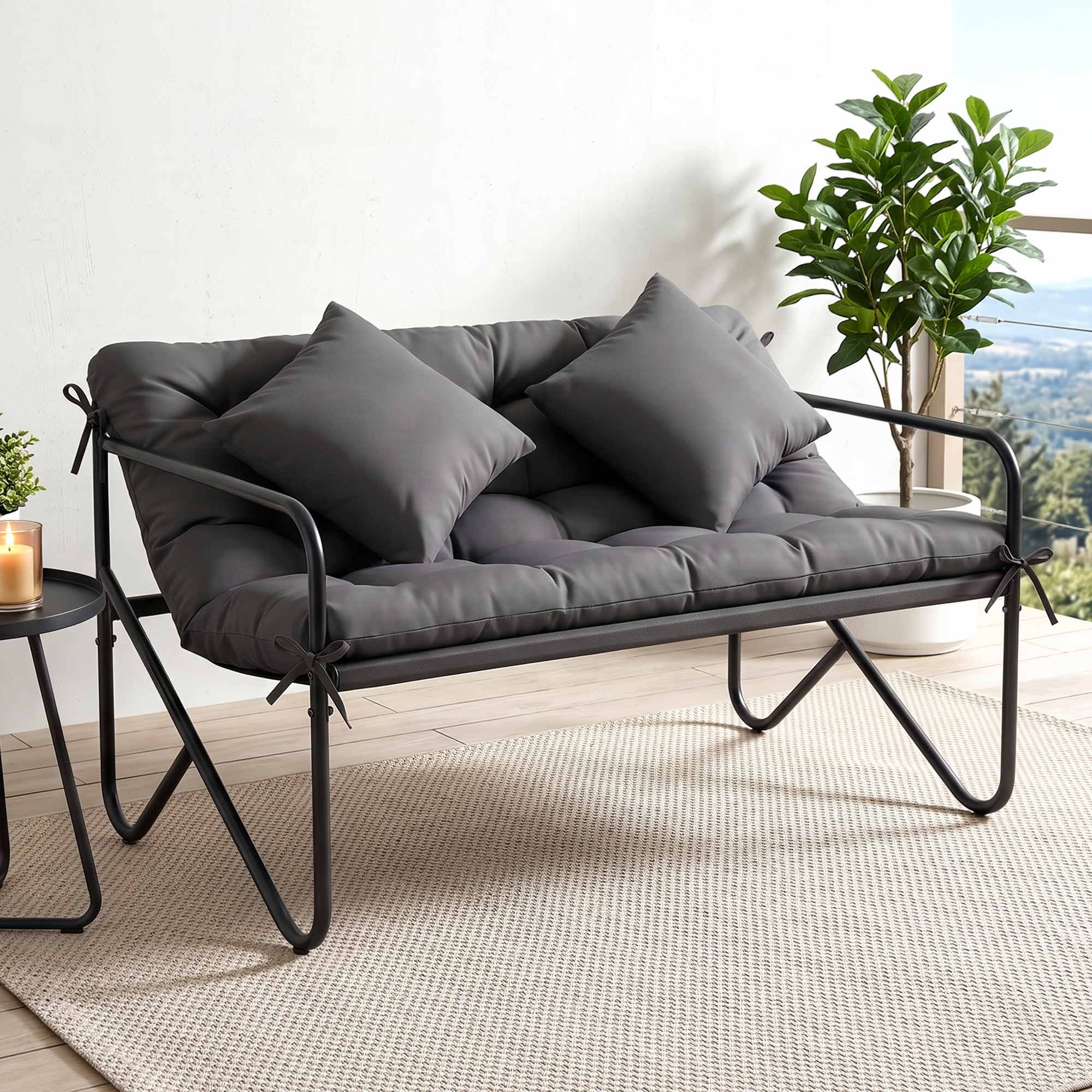Gardeon Garden Bench 2 Seater Outdoor Bench Metal with Cushion 118cm Black Bedworld