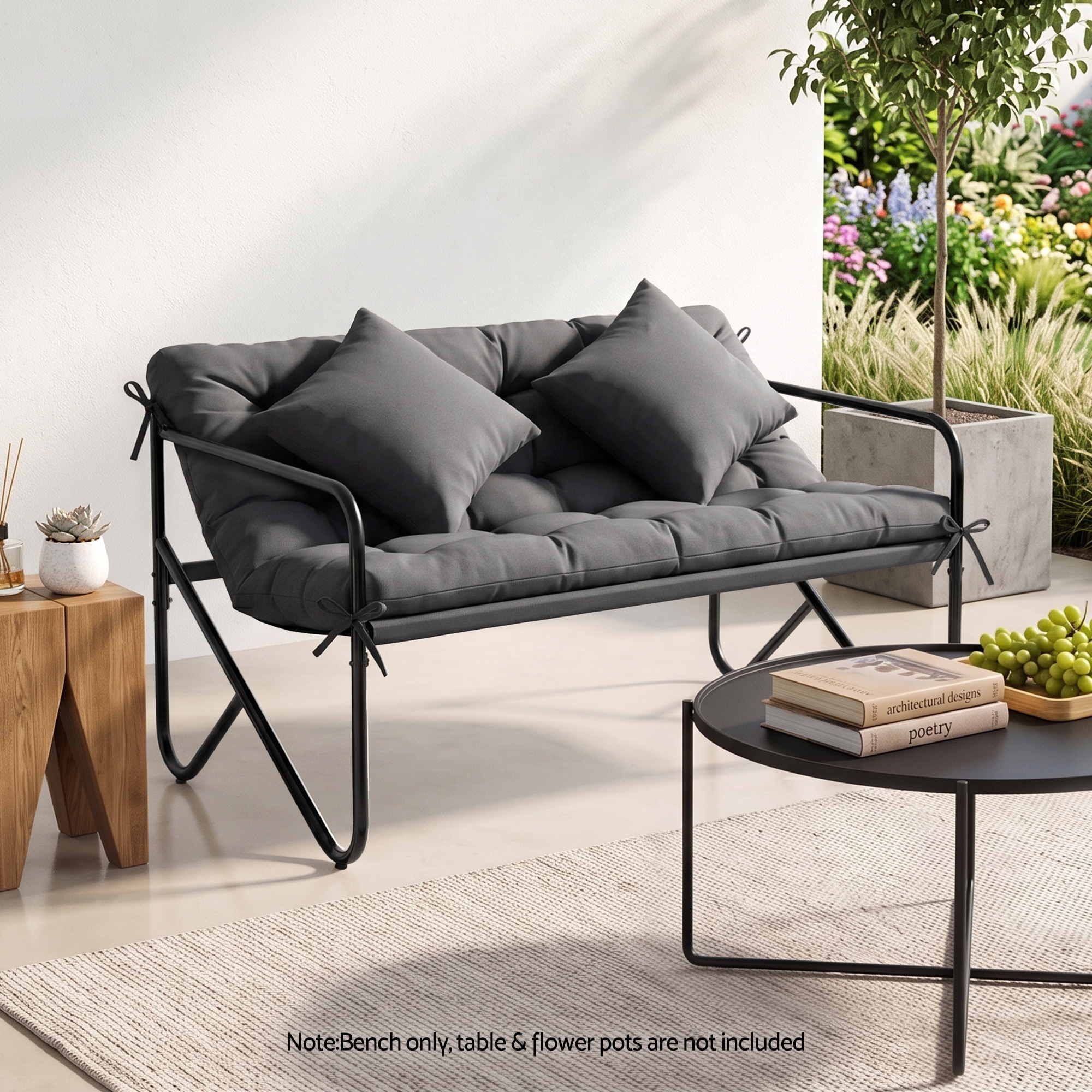 Gardeon Garden Bench 2 Seater Outdoor Bench Metal with Cushion 118cm Black Bedworld