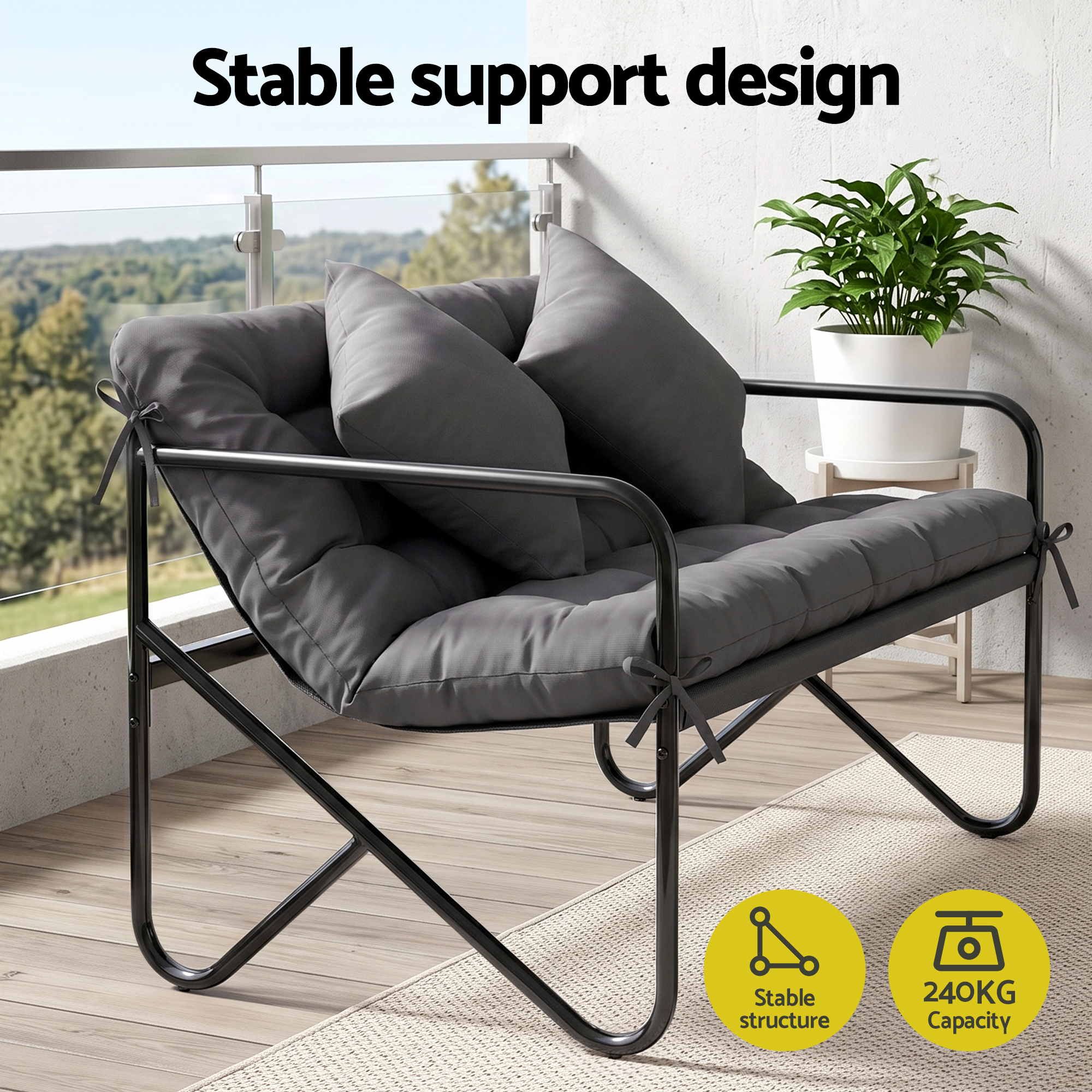 Gardeon Garden Bench 2 Seater Outdoor Bench Metal with Cushion 118cm Black Bedworld
